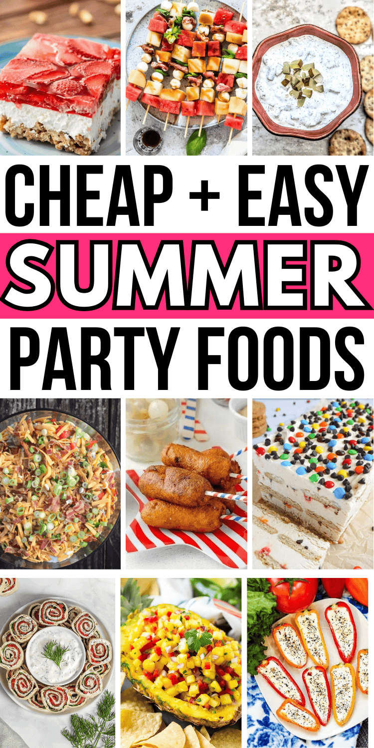 Easy summer party food for a crowd! These cheap summer party food ideas include fun summer appetizers, make ahead desserts, finger foods and bbq side dishes. Outdoor summer party food ideas, backyard bbq party food ideas, summer pool party food ideas, summer party recipes for a crowd, outdoor summer party food ideas backyard bbq, menu for summer party food ideas, summer dinner party menu ideas food, summer barbeque party food fun, summer snacks for party simple, backyard dinner party food ideas.