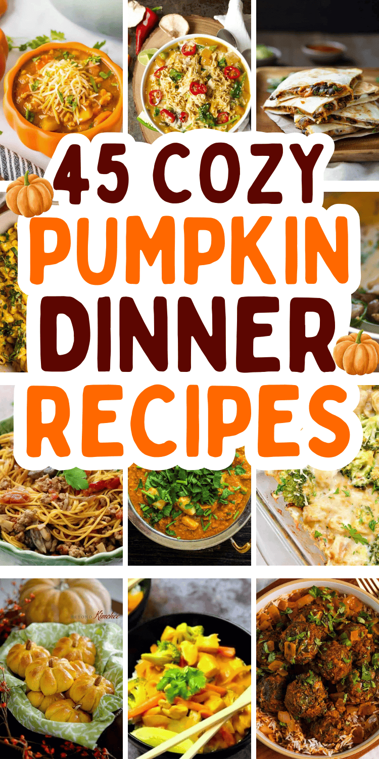 Easy fall dinner recipes with pumpkin! These savory fresh pumpkin dinner recipes are healthy, cozy autumn meals include casseroles with chicken, hamburger, stuffed pumpkin, soups, chili, bread, dinner rolls. Healthy pumpkin recipes dinner, roasted pumpkin recipes dinners, pumpkin dinner casserole, keto pumpkin dinner, pumpkin dinner meals, pumpkin recipes dinner easy, pumpkin carving night dinner, dinner ideas using pumpkin, pumpkin dinner dishes, pumpkin dinner ideas, cheap fall dinner ideas.