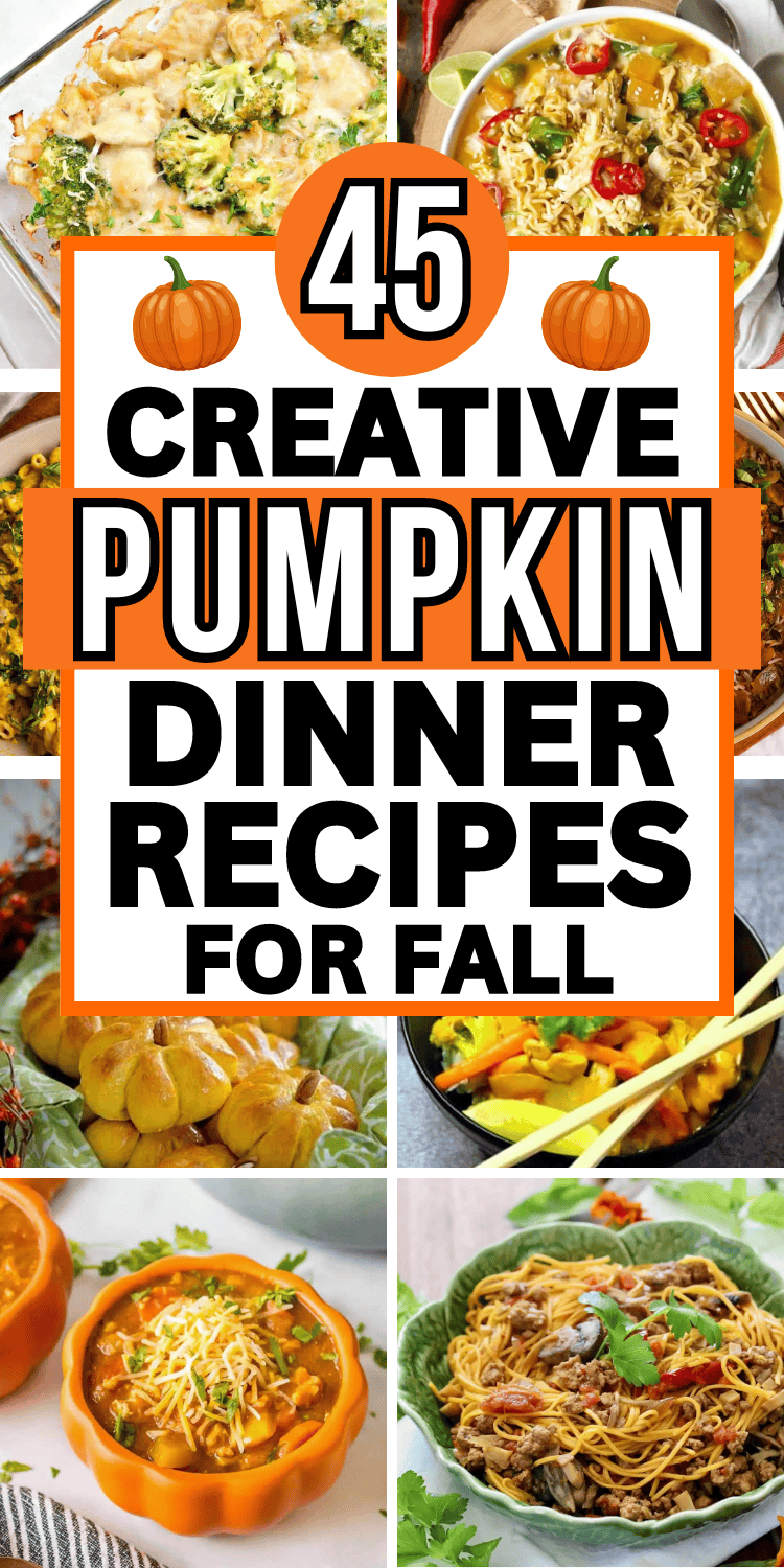Easy fall dinner recipes with pumpkin! These savory fresh pumpkin dinner recipes are healthy, cozy autumn meals include casseroles with chicken, hamburger, stuffed pumpkin, soups, chili, bread, dinner rolls. Healthy pumpkin recipes dinner, roasted pumpkin recipes dinners, pumpkin dinner casserole, keto pumpkin dinner, pumpkin dinner meals, pumpkin recipes dinner easy, pumpkin carving night dinner, dinner ideas using pumpkin, pumpkin dinner dishes, pumpkin dinner ideas, cheap fall dinner ideas.