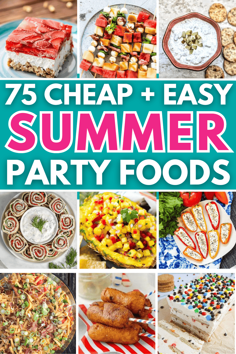 Easy summer party food for a crowd! These cheap summer party food ideas include fun summer appetizers, make ahead desserts, finger foods and bbq side dishes. Outdoor summer party food ideas, backyard bbq party food ideas, summer pool party food ideas, summer party recipes for a crowd, outdoor summer party food ideas backyard bbq, menu for summer party food ideas, summer dinner party menu ideas food, summer barbeque party food fun, summer snacks for party simple, backyard dinner party food ideas.