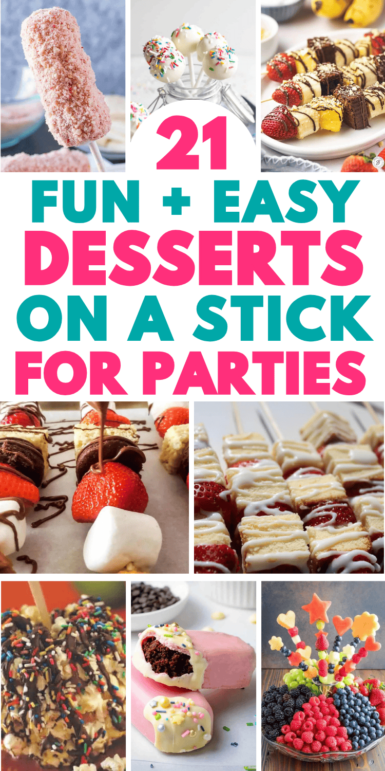Easy dessert on a stick ideas! Fun bite size desserts on a stick, dessert on a stick recipes, mini desserts easy quick, dessert kabobs for party, dessert kabob recipes for party, unique desserts on a stick, cold desserts no bake summer, dessert kabobs for party buffet, kabob desserts sticks, bbq dessert skewers, dessert skewers ideas easy, brownie skewers dessert kabobs, fruit skewers ideas parties food, food on a stick ideas skewers, easy potluck desserts crowd pleasers ideas, finger foods.