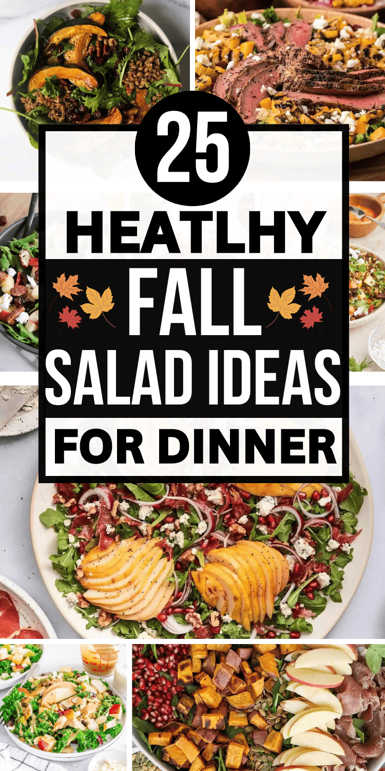 The best healthy dinner salad recipes for fall! Easy autumn salads with seasonal flavors like butternut squash, apple, pears, sweet potato, pomegranate, cranberries, pumpkin, and maple, with chicken, steak, beetroot, quinoa, farro and brussel sprouts. Salad recipes for dinner fall, dinner salad recipes main courses, light dinner salad recipes, dinner salad recipes fall, healthy fall dinners, fall meal ideas healthy dinners, fall food ideas dinners healthy, healthy dinner aesthetic, fall lunches.