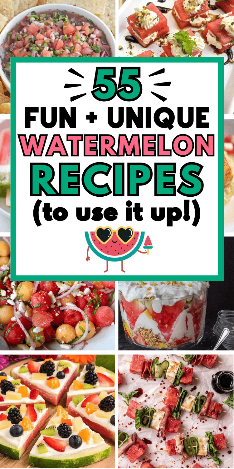 Quick refreshing watermelon recipes for summer! Easy recipes using fresh watermelon like ideas for summer salads, watermelon dessert, homemade juice, drinks and smoothies, healthy summer snacks for kids, savory appetizers, breakfast fruit recipes, and even grill dinners. Watermelon recipes aesthetic, watermelon themed cake, pie, frozen watermelon mocktails, fresh watermelon recipes salad, unripe watermelon recipes, watermelon appetizer, watermelon recipes dessert, italian ice, rind, skewers.