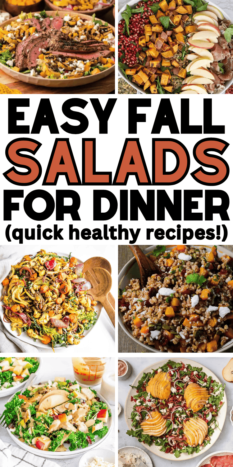The best healthy dinner salad recipes for fall! Easy autumn salads with seasonal flavors like butternut squash, apple, pears, sweet potato, pomegranate, cranberries, pumpkin, and maple, with chicken, steak, beetroot, quinoa, farro and brussel sprouts. Salad recipes for dinner fall, dinner salad recipes main courses, light dinner salad recipes, dinner salad recipes fall, healthy fall dinners, fall meal ideas healthy dinners, fall food ideas dinners healthy, healthy dinner aesthetic, fall lunches.