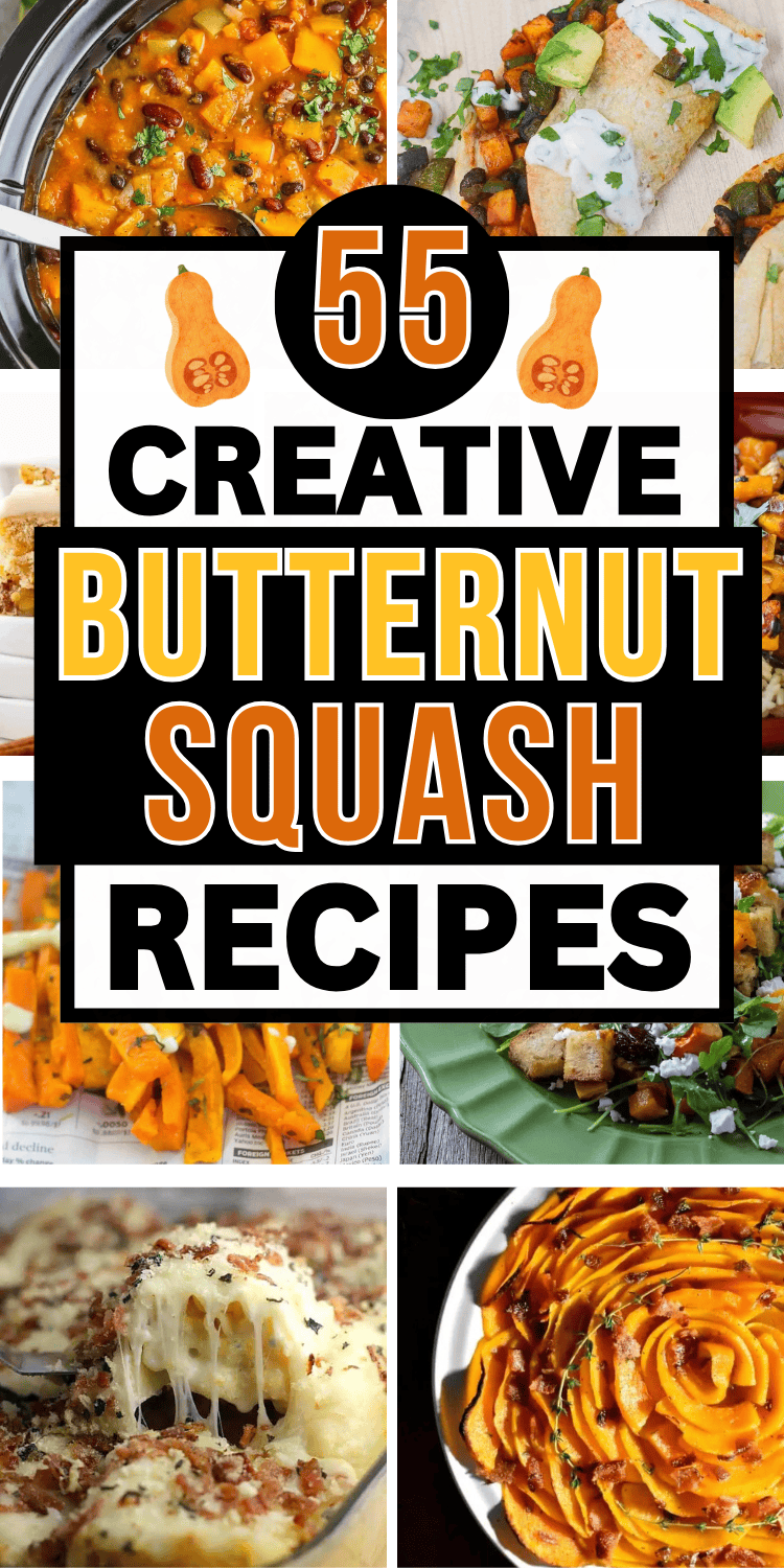 Easy butternut squash recipes! These healthy butternut squash dishes include savory entree recipes for dinner like soup, pasta, casserole, and lasagna with chicken or sausage, plus side dishes for fall and Thanksgiving. Fall butternut squash recipes, crockpot recipes butternut squash, butternut squash recipes sweet, butternut squash dinner, baked butternut squash in oven, vegetarian butternut squash salad, squash pasta sauce, healthy squash recipes, winter squash recipes, quick easy fall meals.