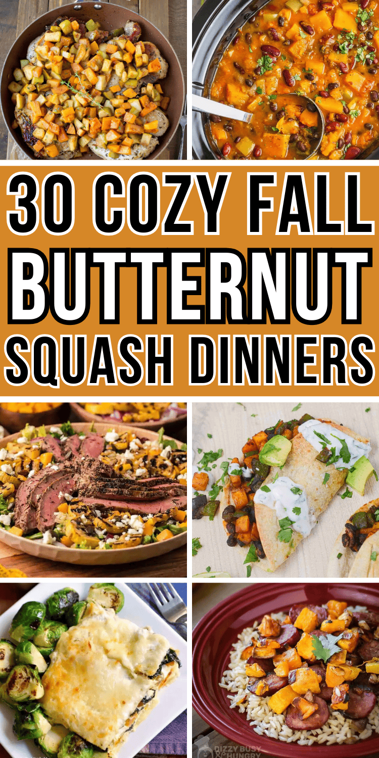 Butternut squash dinner recipes for fall and winter! These butternut squash dinner ideas include main dish recipes for comfort food casserole, healthy soup and salad, and pasta dishes like lasagna. Chicken, sausage, ground beef or turkey, and vegetarian autumn dinner recipes. Fall recipes dinner butternut squash, dinner ideas with butternut squash, fall comfort food, healthy squash recipes, ways to use butternut squash, savory winter squash recipes, quick easy fall meals, filling veggie meals.