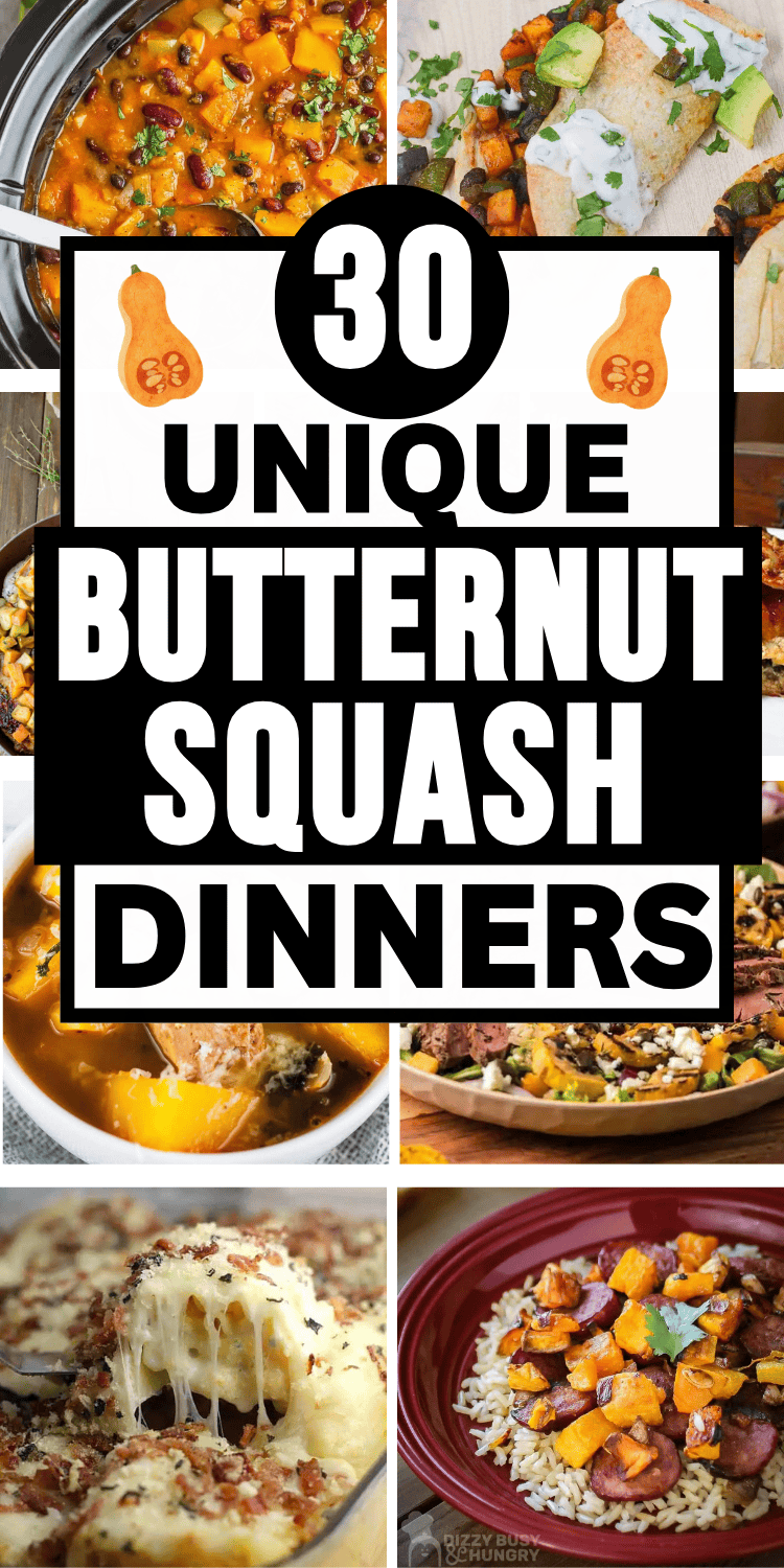 Butternut squash dinner recipes for fall and winter! These butternut squash dinner ideas include main dish recipes for comfort food casserole, healthy soup and salad, and pasta dishes like lasagna. Chicken, sausage, ground beef or turkey, and vegetarian autumn dinner recipes. Fall recipes dinner butternut squash, dinner ideas with butternut squash, fall comfort food, healthy squash recipes, ways to use butternut squash, savory winter squash recipes, quick easy fall meals, filling veggie meals.