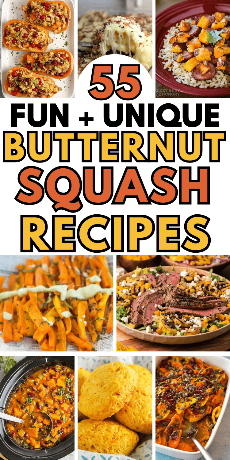 Easy butternut squash recipes! These healthy butternut squash dishes include savory entree recipes for dinner like soup, pasta, casserole, and lasagna with chicken or sausage, plus side dishes for fall and Thanksgiving. Fall butternut squash recipes, crockpot recipes butternut squash, butternut squash recipes sweet, butternut squash dinner, baked butternut squash in oven, vegetarian butternut squash salad, squash pasta sauce, healthy squash recipes, winter squash recipes, quick easy fall meals.