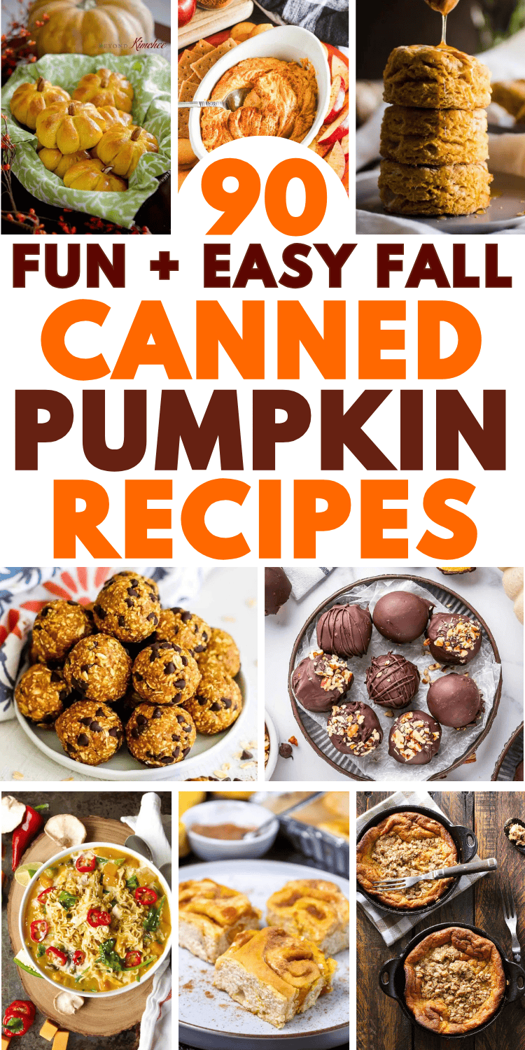 Easy canned pumpkin recipes! Create a delicious breakfast, dinner, dessert or snack with your leftover canned pumpkin. Fall pumpkin recipes for potlucks, Halloween, Thanksgiving, or anytime! Ways to use canned pumpkin, canned pumpkin recipes easy healthy, things to make with canned pumpkin, canned pumpkin recipes desserts, what to do with canned pumpkin, canned pumpkin ideas, pumpkin butter, pumpkin cookies, bread, canned pumpkin puree recipes, savory pumpkin recipes, recipes for canned pumpkin.