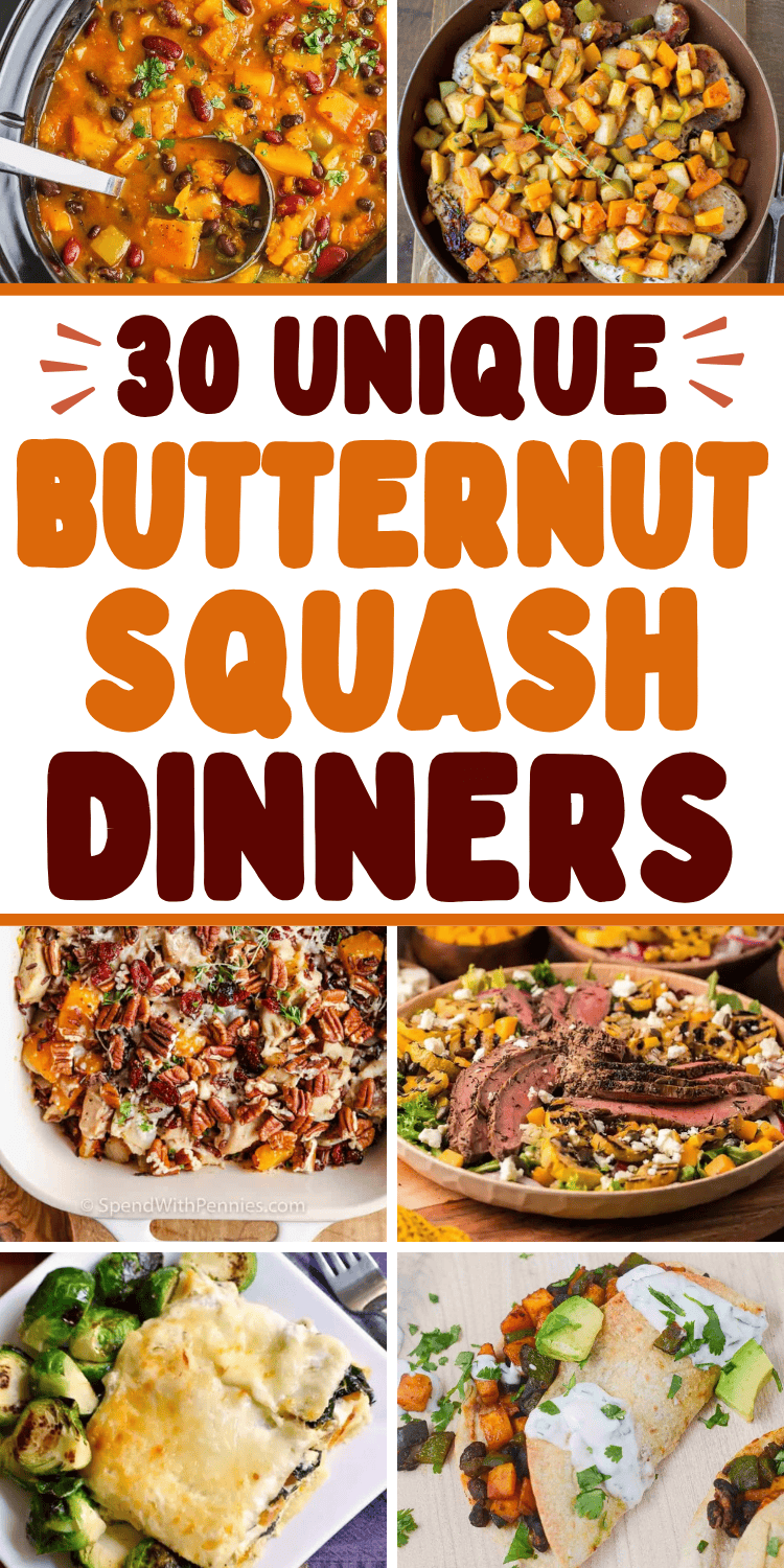 Butternut squash dinner recipes for fall and winter! These butternut squash dinner ideas include main dish recipes for comfort food casserole, healthy soup and salad, and pasta dishes like lasagna. Chicken, sausage, ground beef or turkey, and vegetarian autumn dinner recipes. Fall recipes dinner butternut squash, dinner ideas with butternut squash, fall comfort food, healthy squash recipes, ways to use butternut squash, savory winter squash recipes, quick easy fall meals, filling veggie meals.