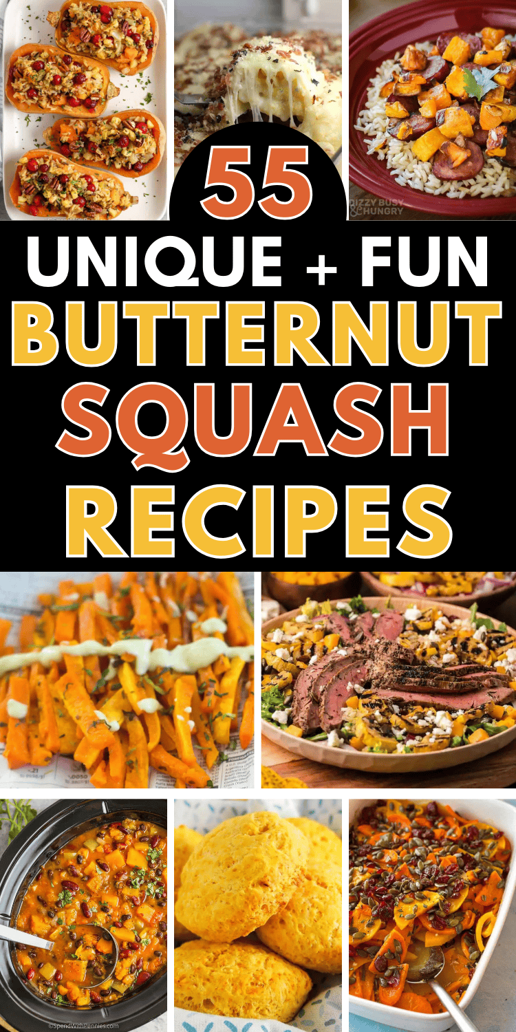 Easy butternut squash recipes! These healthy butternut squash dishes include savory entree recipes for dinner like soup, pasta, casserole, and lasagna with chicken or sausage, plus side dishes for fall and Thanksgiving. Fall butternut squash recipes, crockpot recipes butternut squash, butternut squash recipes sweet, butternut squash dinner, baked butternut squash in oven, vegetarian butternut squash salad, squash pasta sauce, healthy squash recipes, winter squash recipes, quick easy fall meals.