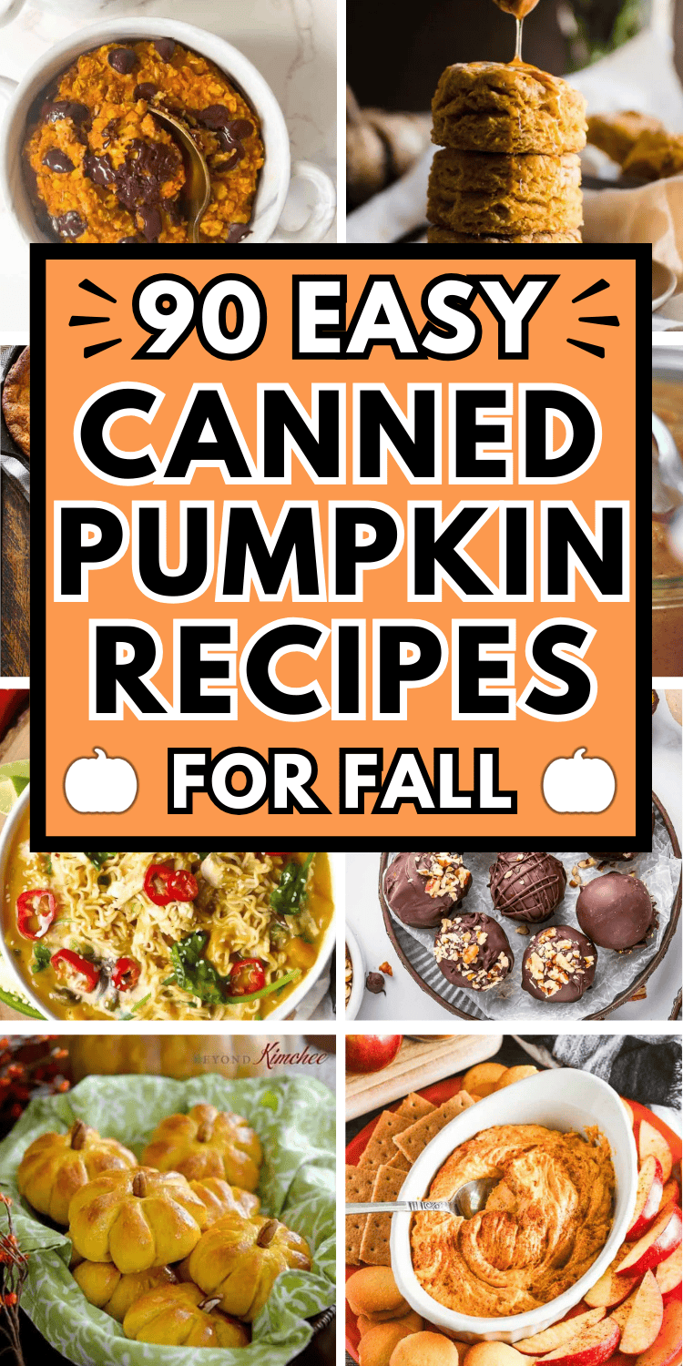 Easy canned pumpkin recipes! Create a delicious breakfast, dinner, dessert or snack with your leftover canned pumpkin. Fall pumpkin recipes for potlucks, Halloween, Thanksgiving, or anytime! Ways to use canned pumpkin, canned pumpkin recipes easy healthy, things to make with canned pumpkin, canned pumpkin recipes desserts, what to do with canned pumpkin, canned pumpkin ideas, pumpkin butter, pumpkin cookies, bread, canned pumpkin puree recipes, savory pumpkin recipes, recipes for canned pumpkin.