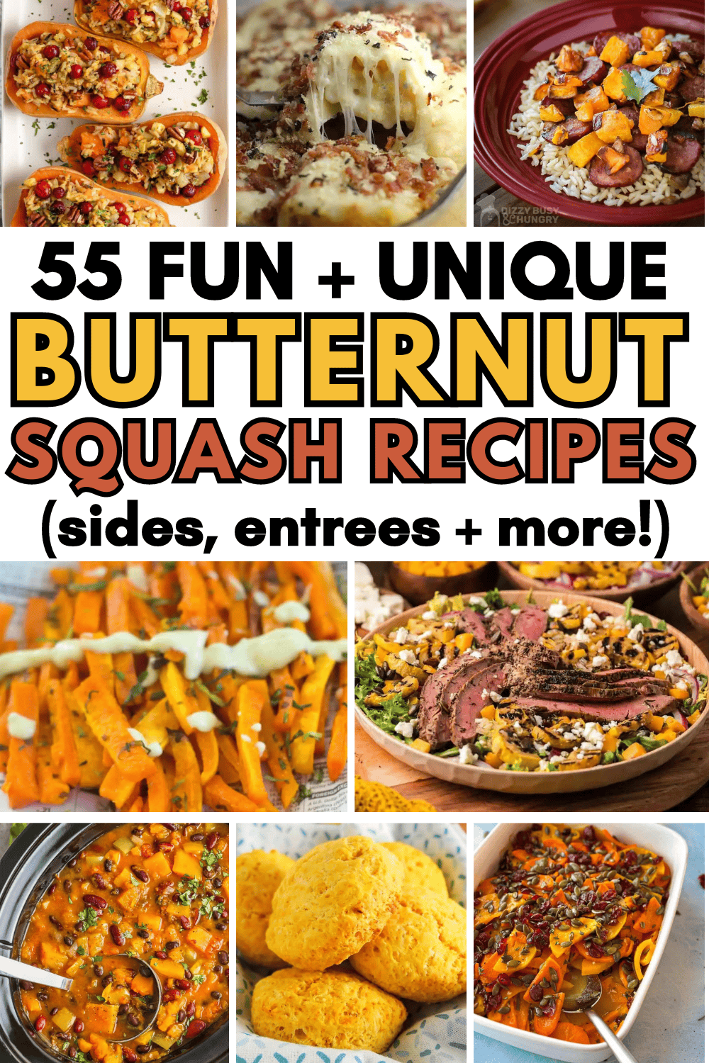 Easy butternut squash recipes! These healthy butternut squash dishes include savory entree recipes for dinner like soup, pasta, casserole, and lasagna with chicken or sausage, plus side dishes for fall and Thanksgiving. Fall butternut squash recipes, crockpot recipes butternut squash, butternut squash recipes sweet, butternut squash dinner, baked butternut squash in oven, vegetarian butternut squash salad, squash pasta sauce, healthy squash recipes, winter squash recipes, quick easy fall meals.