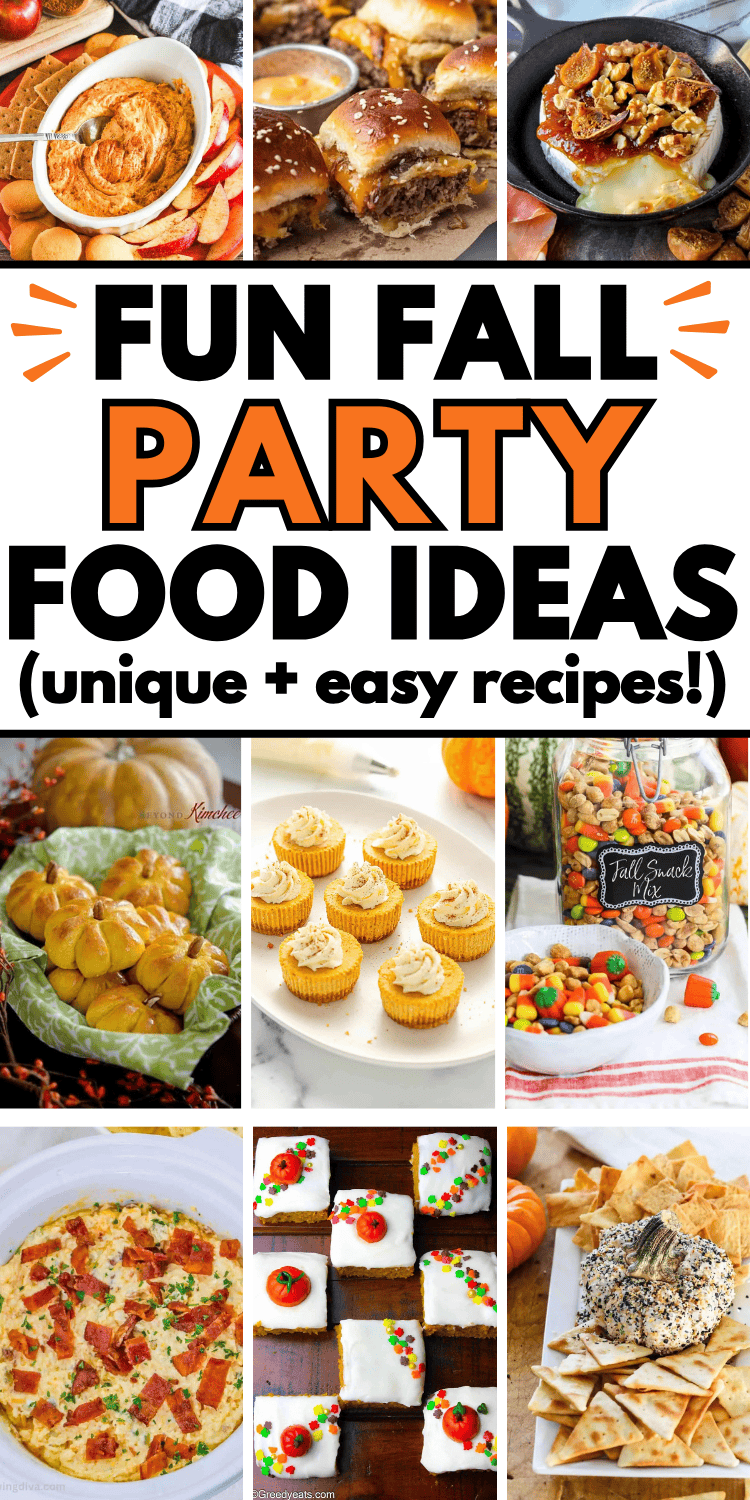 Easy fall party food for a crowd! Plan your autumn party menu with these fun appetizers, side dishes, desserts, and main dishes. The best fall potluck dishes, fall party appetizers for a crowd, fall party menu ideas, party snacks fall, fall themed party food ideas, fall finger foods for party, fall festival backyard party, fall dinner menu party, food for fall birthday party, fall party meal ideas, appetizers for party fall, fall harvest party, bonfire food ideas, fall party food and drinks