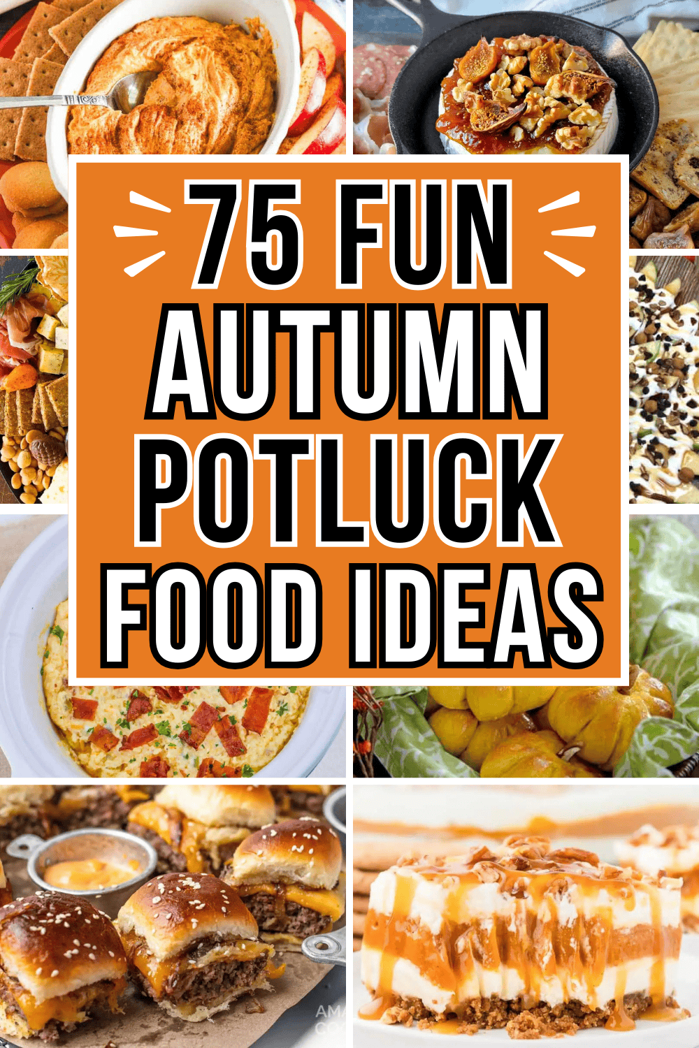 Easy fall potluck ideas! The best fall potluck appetizers, main dishes, desserts, and side dishes for a crowd. Fall foods for potluck, fall crockpot party food, food ideas for fall party, fall recipes potluck, side dish for fall potluck, fall crockpot potluck recipes, potluck desserts fall, fall potluck aesthetic, best fall potluck recipes, what to bring to a fall potluck, fall potluck ideas for work, potluck lunch ideas, church potluck recipes, Thanksgiving potluck dishes, fall finger foods.