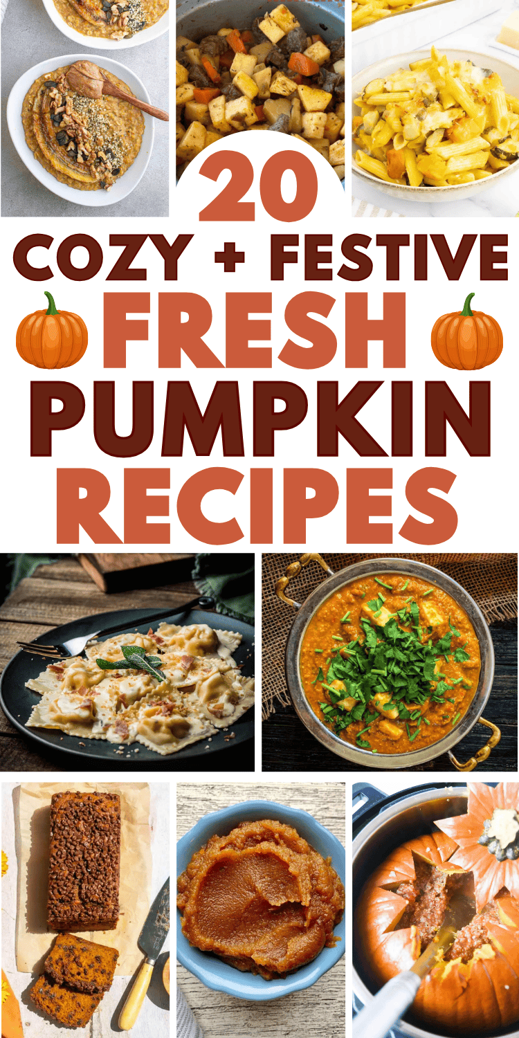 Fresh pumpkin recipes for fall! Forget pumpkin in a can and use a real, fresh pumpkin instead! Exactly how to use fresh pumpkin for fun autumn recipes. Real pumpkin recipes, cooking pumpkin, how to make pumpkin puree, things to make with fresh pumpkin, how to cook pumpkin, recipes using fresh pumpkin, easy pumpkin recipes for dinner or dessert. Fresh pumpkin ideas for Halloween or Thanksgiving, fresh pumpkin uses, savory pumpkin recipes healthy, real pumpkin pie, roast whole pumpkin, fall dishes