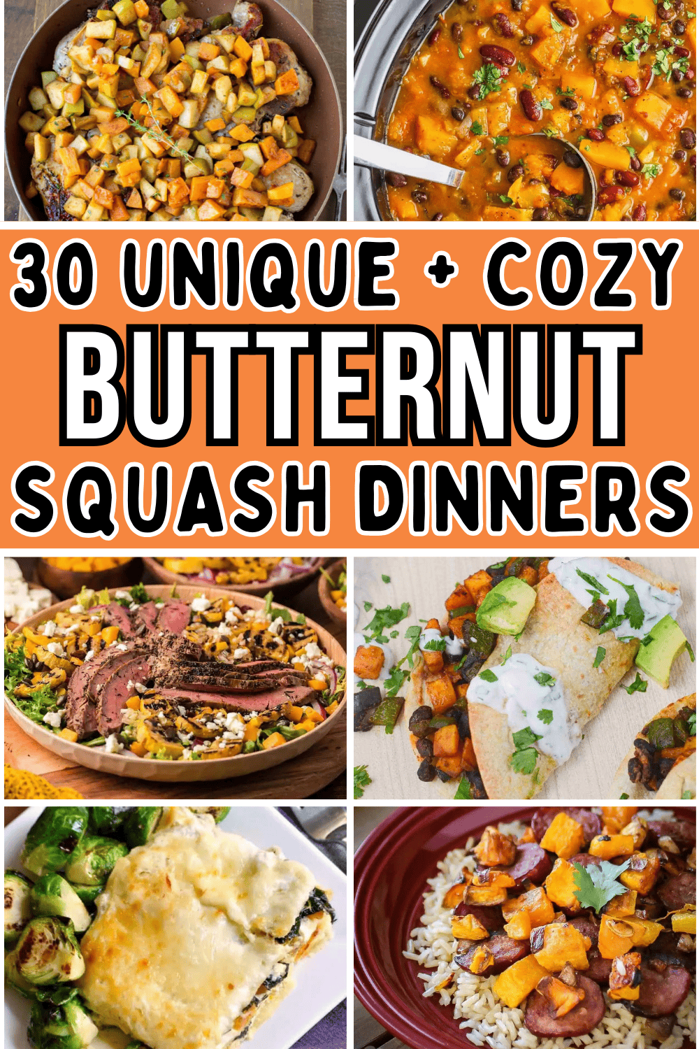 Butternut squash dinner recipes for fall and winter! These butternut squash dinner ideas include main dish recipes for comfort food casserole, healthy soup and salad, and pasta dishes like lasagna. Chicken, sausage, ground beef or turkey, and vegetarian autumn dinner recipes. Fall recipes dinner butternut squash, dinner ideas with butternut squash, fall comfort food, healthy squash recipes, ways to use butternut squash, savory winter squash recipes, quick easy fall meals, filling veggie meals.