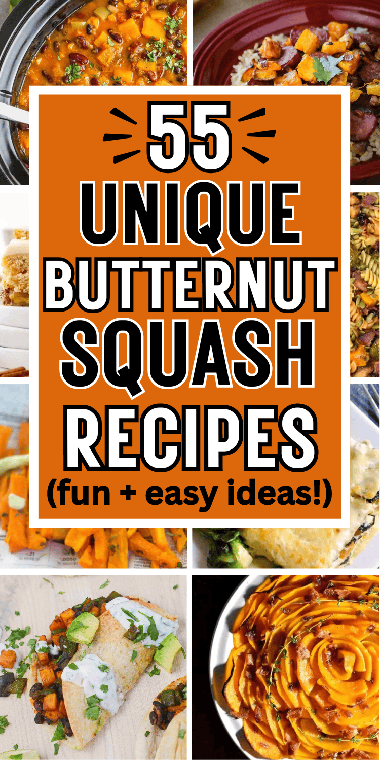 Easy butternut squash recipes! These healthy butternut squash dishes include savory entree recipes for dinner like soup, pasta, casserole, and lasagna with chicken or sausage, plus side dishes for fall and Thanksgiving. Fall butternut squash recipes, crockpot recipes butternut squash, butternut squash recipes sweet, butternut squash dinner, baked butternut squash in oven, vegetarian butternut squash salad, squash pasta sauce, healthy squash recipes, winter squash recipes, quick easy fall meals.