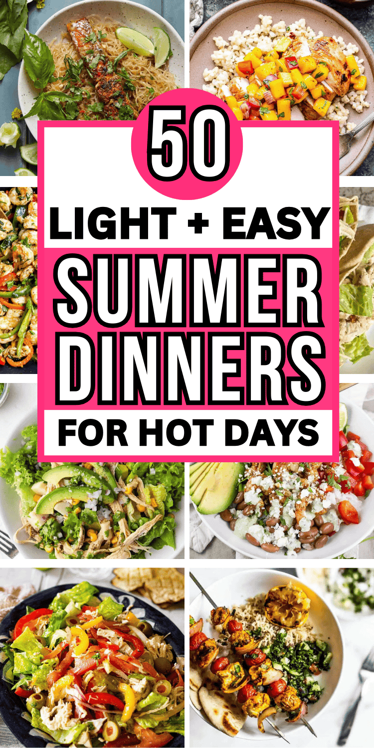Easy light summer dinner recipes! These healthy hot weather meals include easy chicken dinners, summer salads, low carb and vegetarian meals, summer pasta dishes, easy family dinners, and shrimp and beef recipes. Easy fresh summer dishes, summer supper ideas healthy, light summer dinner recipes easy, light meals for dinner summer easy recipes, quick summer dinner ideas weeknight meals easy, quick summer dinner ideas families, healthy summer dinner recipes, easy vacation meals, light summer meals