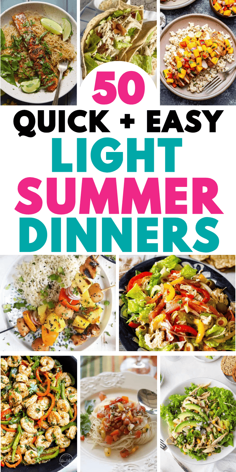 Easy light summer dinner recipes! These healthy hot weather meals include easy chicken dinners, summer salads, low carb and vegetarian meals, summer pasta dishes, easy family dinners, and shrimp and beef recipes. Easy fresh summer dishes, summer supper ideas healthy, light summer dinner recipes easy, light meals for dinner summer easy recipes, quick summer dinner ideas weeknight meals easy, quick summer dinner ideas families, healthy summer dinner recipes, easy vacation meals, light summer meals
