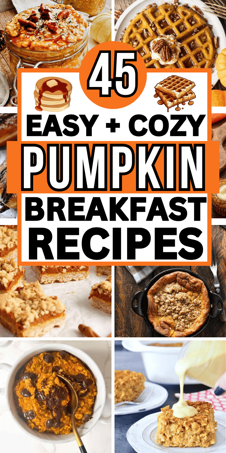 Easy pumpkin breakfast recipes! Embrace fall and enjoy breakfast using pumpkin. Pumpkin breakfast food including recipes for muffins, pancakes, casserole, breakfast bars and cookies, pumpkin bread, pastries, plus breakfast bowl and oats. Pumpkin breakfast recipes healthy, fall brunch ideas, pumpkin breakfast ideas, pumpkin breakfast aesthetic, aip pumpkin breakfast, pumpkin breakfast desserts, breakfast for dinner pumpkin, easy pumpkin spice breakfast, pumpkin smoothie shake, pumpkin oatmeal.