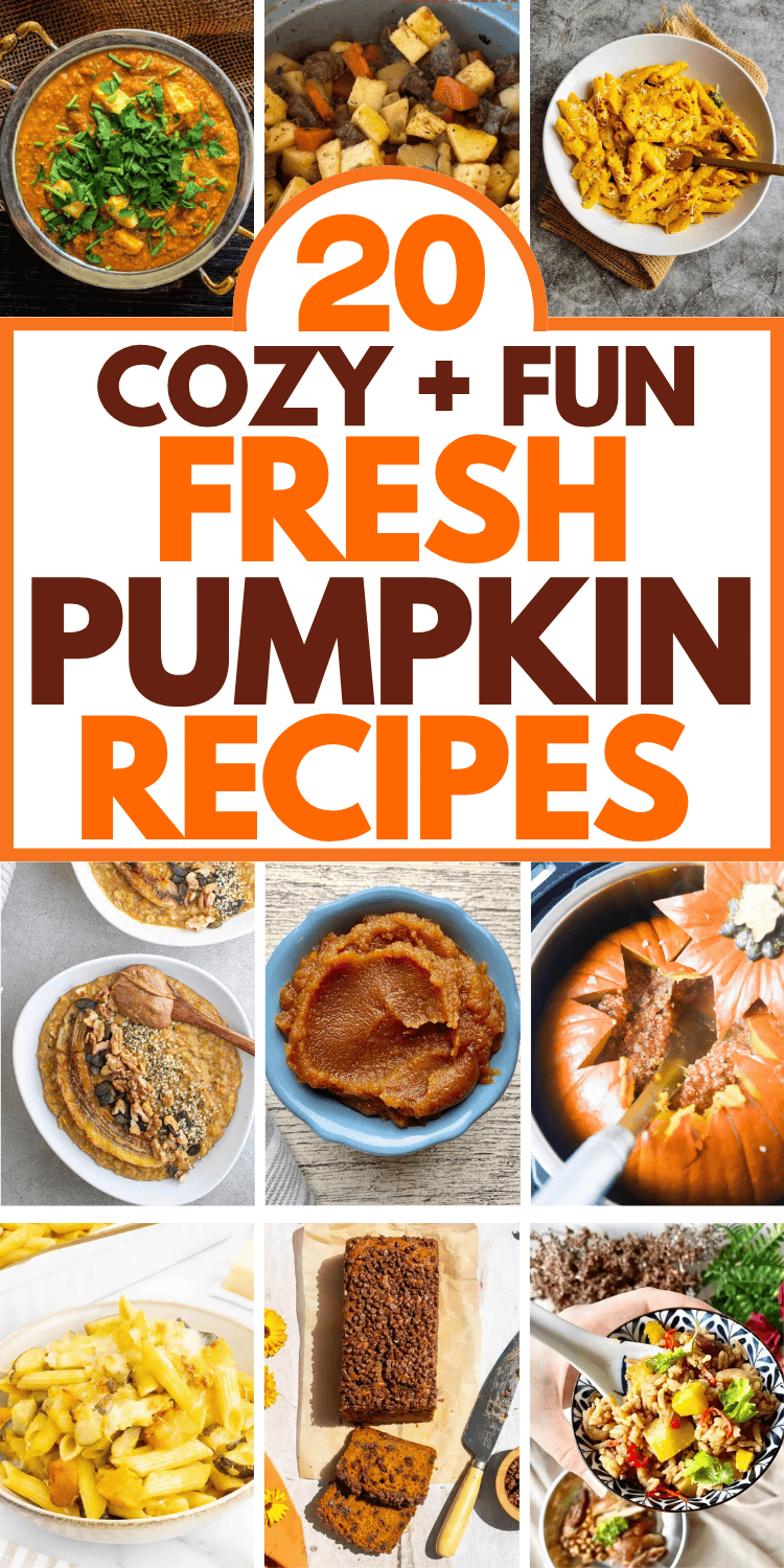 Fresh pumpkin recipes for fall! Forget pumpkin in a can and use a real, fresh pumpkin instead! Exactly how to use fresh pumpkin for fun autumn recipes. Real pumpkin recipes, cooking pumpkin, how to make pumpkin puree, things to make with fresh pumpkin, how to cook pumpkin, recipes using fresh pumpkin, easy pumpkin recipes for dinner or dessert. Fresh pumpkin ideas for Halloween or Thanksgiving, fresh pumpkin uses, savory pumpkin recipes healthy, real pumpkin pie, roast whole pumpkin, fall dishes