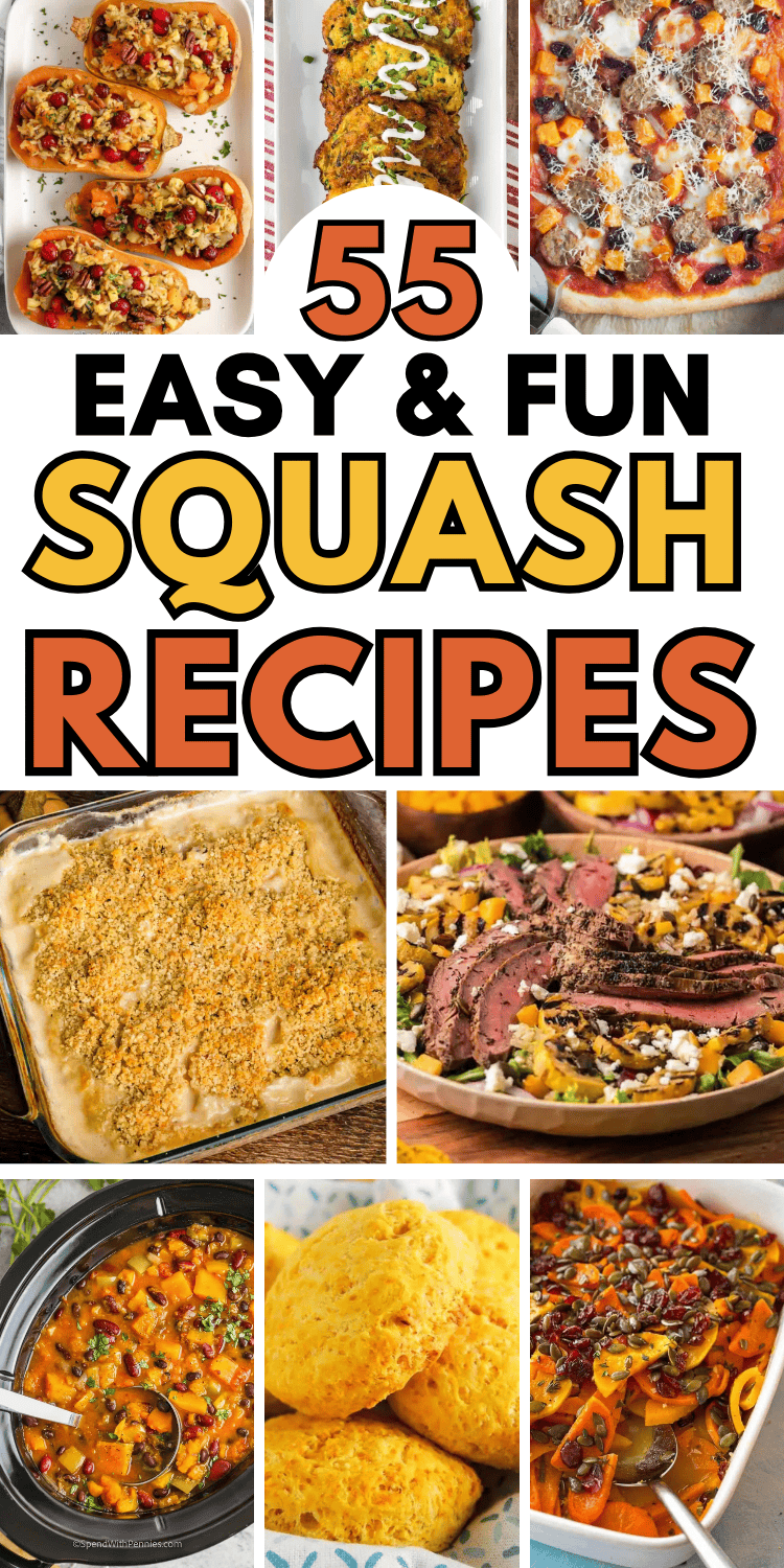 Easy squash recipes! The best quick and healthy spaghetti squash, zucchini, butternut squash and acorn squash recipes. From roasted in the air fryer to baked in oven to crockpot casserole these are easy things to make with squash and zucchini. Perfect for dinner in summer, fall, or for Thanksgiving. Healthy squash sides recipes, fall butternut squash recipes, squash recipes yellow, squash recipes acorn, squash recipes zucchini, dinner ideas squash, stuffed squash recipes, easy vegetarian meals.