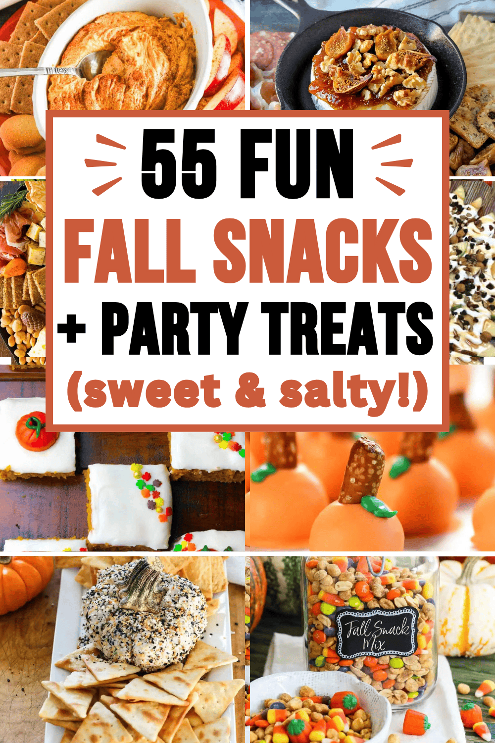Quick and easy fall snacks and autumn sweet treats! The best fall sweet and salty snacks for a crowd, movie night, after school, Halloween or Thanksgiving potlucks, or football game day. Easy fall snacks for party, cute autumn snacks fall treats, fall bonfire snacks, fall snacks aesthetic, fall charcuterie board, no bake treats, fall snack mix recipes, fall party snacks appetizers, fall themed snacks, finger foods, appetizers and dips, october treats, fall birthday party ideas, harvest treats.