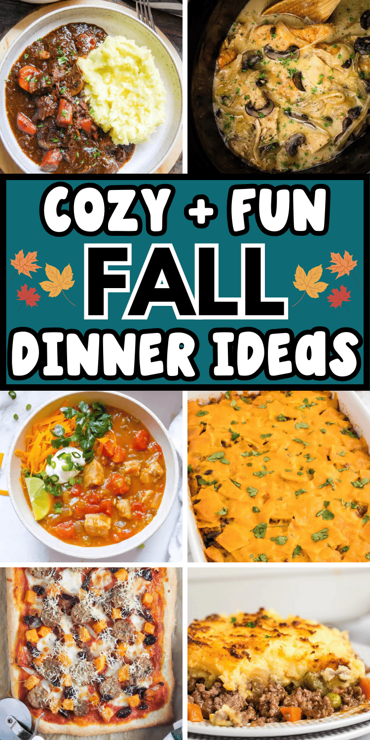 Fun fall dinner ideas to complete your autumn meal plan! These cozy fall dinner recipes include comfort food casserole, cheap soup recipes, healthy crock pot chicken fall recipes, quick easy beef fall dinners for two or family. Perfect fall cooking ideas for your September or October meal plan! From Sunday dinners to weeknight meals on cold rainy days, you’ll love these fall dinners. Or add them to your dinner party or supper club menu this autumn season. Fall food recipes dinner families.