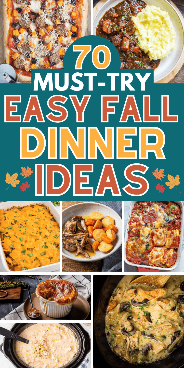 Fun fall dinner ideas to complete your autumn meal plan! These cozy fall dinner recipes include comfort food casserole, cheap soup recipes, healthy crock pot chicken fall recipes, quick easy beef fall dinners for two or family. Perfect fall cooking ideas for your September or October meal plan! From Sunday dinners to weeknight meals on cold rainy days, you’ll love these fall dinners. Or add them to your dinner party or supper club menu this autumn season. Fall food recipes dinner families.