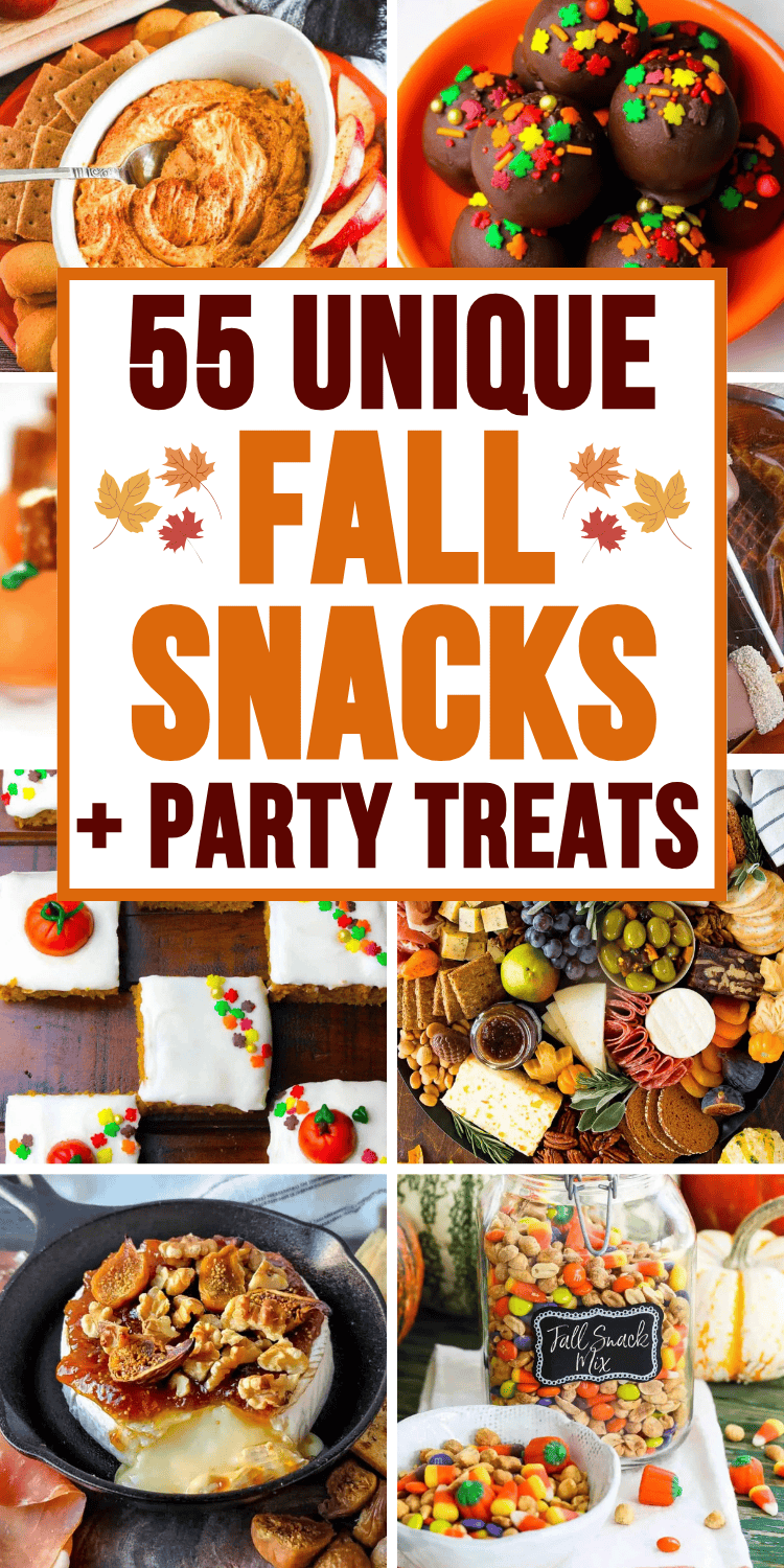 Quick and easy fall snacks and autumn sweet treats! The best fall sweet and salty snacks for a crowd, movie night, after school, Halloween or Thanksgiving potlucks, or football game day. Easy fall snacks for party, cute autumn snacks fall treats, fall bonfire snacks, fall snacks aesthetic, fall charcuterie board, no bake treats, fall snack mix recipes, fall party snacks appetizers, fall themed snacks, finger foods, appetizers and dips, october treats, fall birthday party ideas, harvest treats.