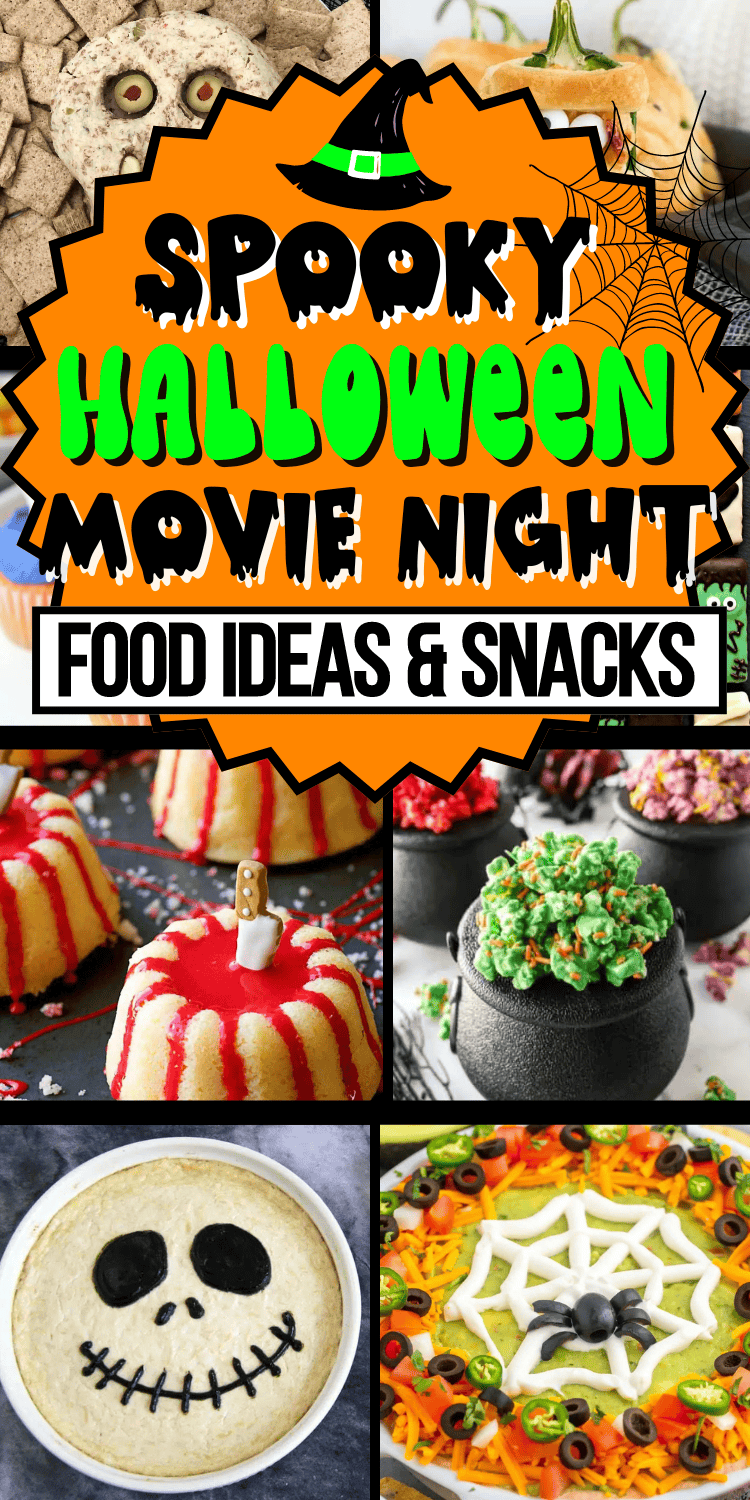 Fun Halloween movie night food ideas! Festive recipes including Halloween theme treats and snacks, movie night dinner ideas, appetizers, charcuterie boards and desserts. Perfect for you indoor or outdoor backyard halloween movie night! Halloween food ideas for movie night, fall family movie night ideas, Hocus Pocus movie night dinner, movie night menu, witch themed snacks, Halloween movie night snacks for adults, halloween movie and dinner ideas, party food ideas for kids, spooky date night food