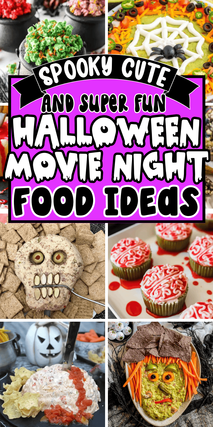 Fun Halloween movie night food ideas! Festive recipes including Halloween theme treats and snacks, movie night dinner ideas, appetizers, charcuterie boards and desserts. Perfect for you indoor or outdoor backyard halloween movie night! Halloween food ideas for movie night, fall family movie night ideas, Hocus Pocus movie night dinner, movie night menu, witch themed snacks, Halloween movie night snacks for adults, halloween movie and dinner ideas, party food ideas for kids, spooky date night food