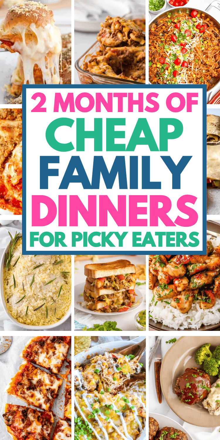 Cheap family dinners for busy moms with picky eaters! Quick and cheap dinner recipes make frugal meal planning easy with these budget recipes for families. Cheap easy meals like weeknight crockpot dinners or casserole, healthy recipes with chicken and ground beef. Simple ingredients from Walmart or Aldi! Cheap easy dinners for family picky eaters, quick and easy dinner recipes for family cheap, struggle meals, cheap family dinners groceries budget, cheap meal plans, super fast dinners for family