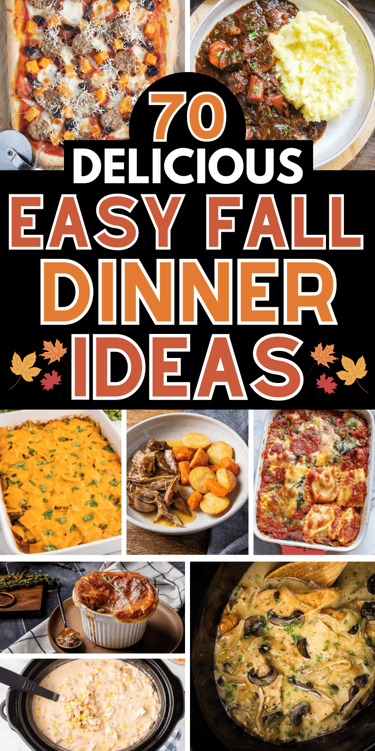 Fun fall dinner ideas to complete your autumn meal plan! These cozy fall dinner recipes include comfort food casserole, cheap soup recipes, healthy crock pot chicken fall recipes, quick easy beef fall dinners for two or family. Perfect fall cooking ideas for your September or October meal plan! From Sunday dinners to weeknight meals on cold rainy days, you’ll love these fall dinners. Or add them to your dinner party or supper club menu this autumn season. Fall food recipes dinner families.