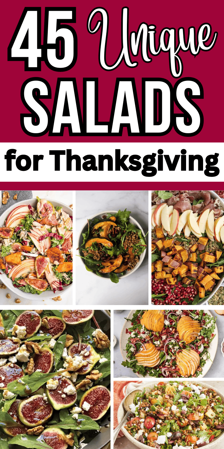 The best Thanksgiving salad recipes! These stunning Thanksgiving salad sides include fall flavors like apple, cranberry, and pear, with arugula, brussel sprouts, quinoa, and oranges, maple dressing and more. Cold make ahead thanksgiving salad ideas side dishes, easy thanksgiving salad for a crowd, quick thanksgiving salad dressing recipes, thanksgiving salad aesthetic, healthy thanksgiving veggie side dishes, thanksgiving dinner menu, holiday salads, thanksgiving fruit salad, turkey side dishes.