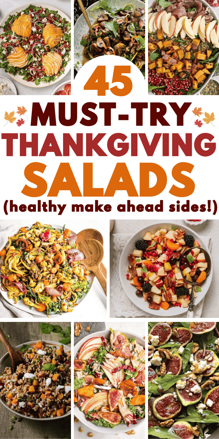 The best Thanksgiving salad recipes! These stunning Thanksgiving salad sides include fall flavors like apple, cranberry, and pear, with arugula, brussel sprouts, quinoa, and oranges, maple dressing and more. Cold make ahead thanksgiving salad ideas side dishes, easy thanksgiving salad for a crowd, quick thanksgiving salad dressing recipes, thanksgiving salad aesthetic, healthy thanksgiving veggie side dishes, thanksgiving dinner menu, holiday salads, thanksgiving fruit salad, turkey side dishes.