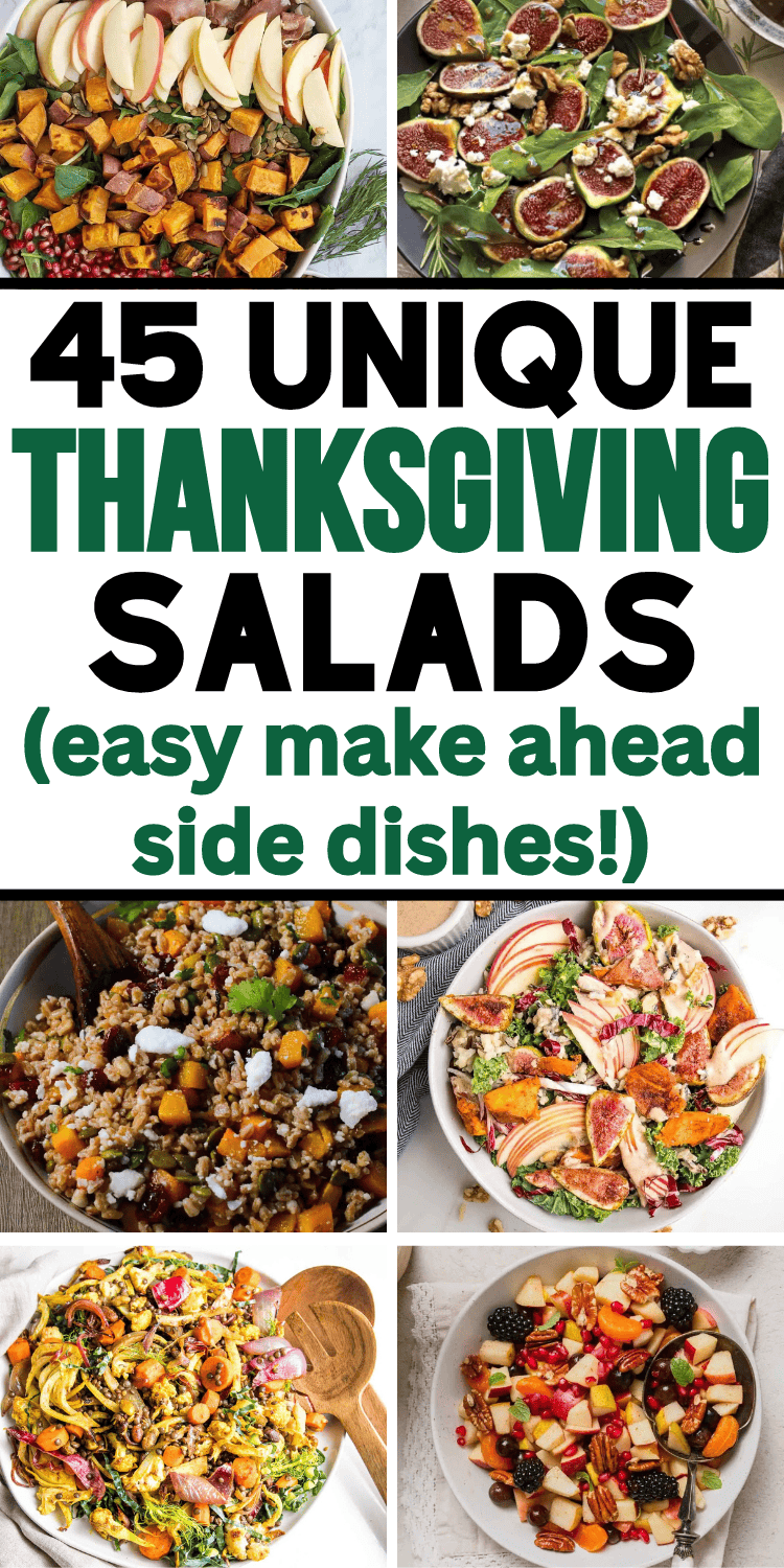 The best Thanksgiving salad recipes! These stunning Thanksgiving salad sides include fall flavors like apple, cranberry, and pear, with arugula, brussel sprouts, quinoa, and oranges, maple dressing and more. Cold make ahead thanksgiving salad ideas side dishes, easy thanksgiving salad for a crowd, quick thanksgiving salad dressing recipes, thanksgiving salad aesthetic, healthy thanksgiving veggie side dishes, thanksgiving dinner menu, holiday salads, thanksgiving fruit salad, turkey side dishes.