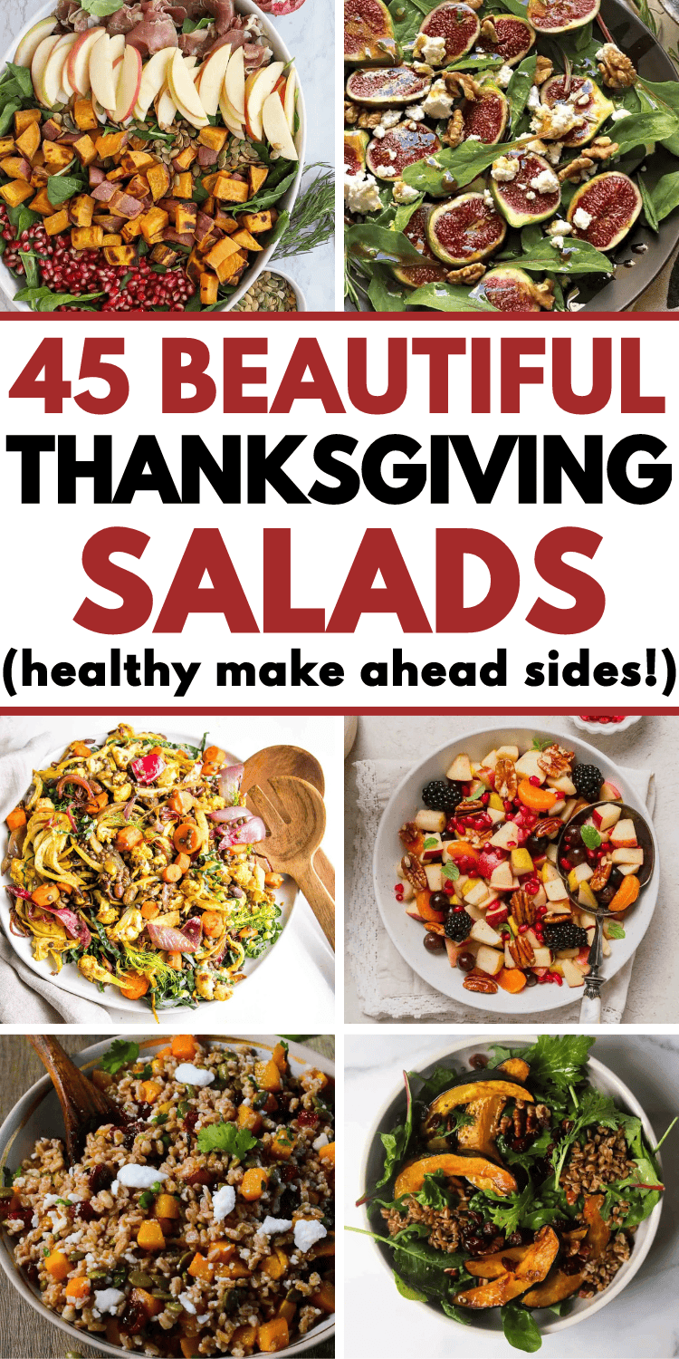 The best Thanksgiving salad recipes! These stunning Thanksgiving salad sides include fall flavors like apple, cranberry, and pear, with arugula, brussel sprouts, quinoa, and oranges, maple dressing and more. Cold make ahead thanksgiving salad ideas side dishes, easy thanksgiving salad for a crowd, quick thanksgiving salad dressing recipes, thanksgiving salad aesthetic, healthy thanksgiving veggie side dishes, thanksgiving dinner menu, holiday salads, thanksgiving fruit salad, turkey side dishes.