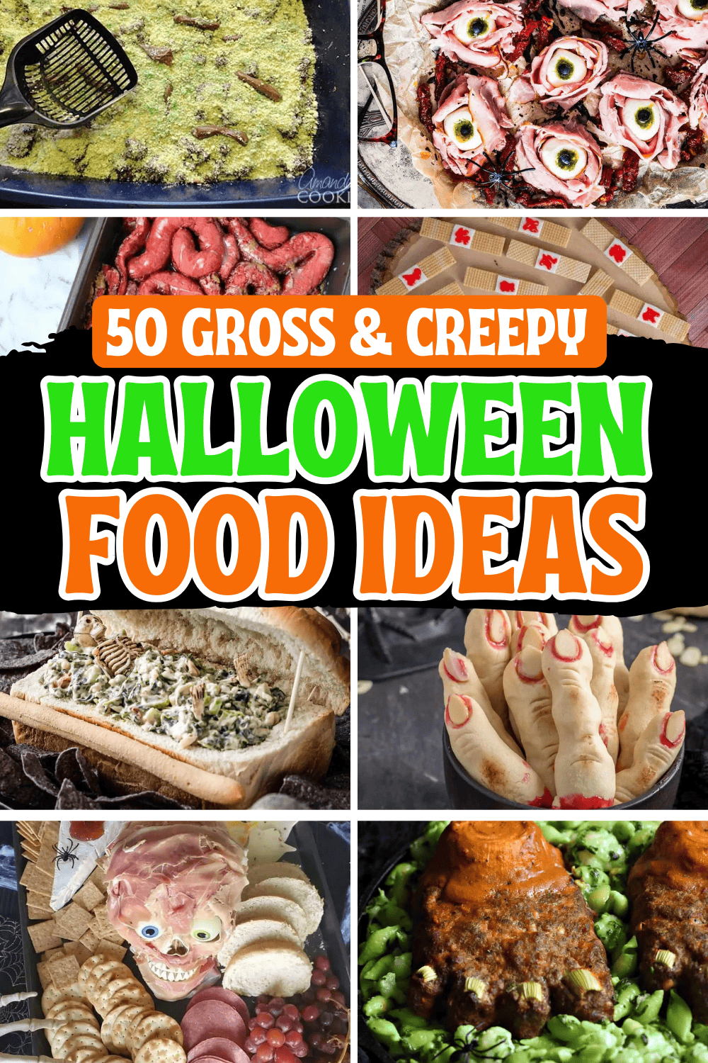 Creepy Halloween food ideas for parties! These creative gross and spooky Halloween recipes include creepy appetizers and finger foods, horror snack ideas, and ghoulish dinners and desserts, perfect for your Halloween menu. Easy scary themed food for adults, creepy food ideas for halloween with skeleton, skull, bloody brain, spooky food ideas creepy halloween, creepy halloween party food, horror food ideas creepy halloween, halloween party food scary, gross halloween foods, halloween party dinner