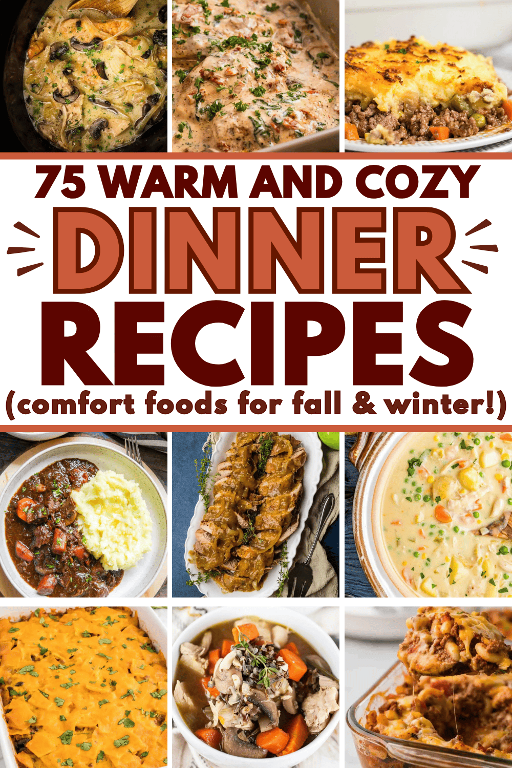 Looking for some cozy and comforting dinner recipes? These cozy dinner recipes are perfect for fall and winter or Sunday dinners! All those comfort foods you love like marry me chicken, lasagna soup, crockpot chicken and dumplings, beef stew and chicken casserole. Comfort food recipes easy, cheap comforting meals, fall food recipes dinner families, quick comfort food dinners weeknight meals, weekend dinner recipes for a family, easy comfort meals, homestyle recipes, autumn aesthetic cozy food.