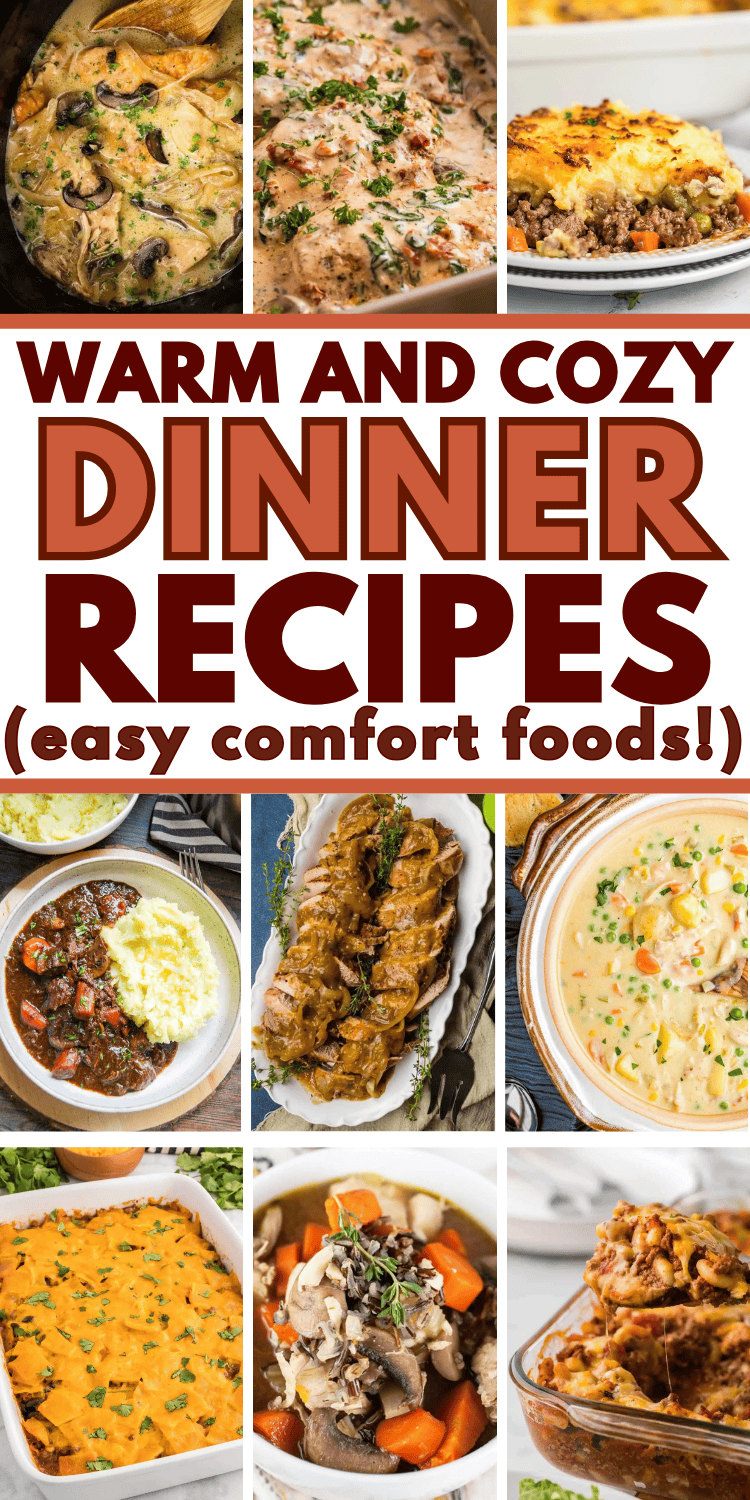 Looking for some cozy and comforting dinner recipes? These cozy dinner recipes are perfect for fall and winter or Sunday dinners! All those comfort foods you love like marry me chicken, lasagna soup, crockpot chicken and dumplings, beef stew and chicken casserole. Comfort food recipes easy, cheap comforting meals, fall food recipes dinner families, quick comfort food dinners weeknight meals, weekend dinner recipes for a family, easy comfort meals, homestyle recipes, autumn aesthetic cozy food.