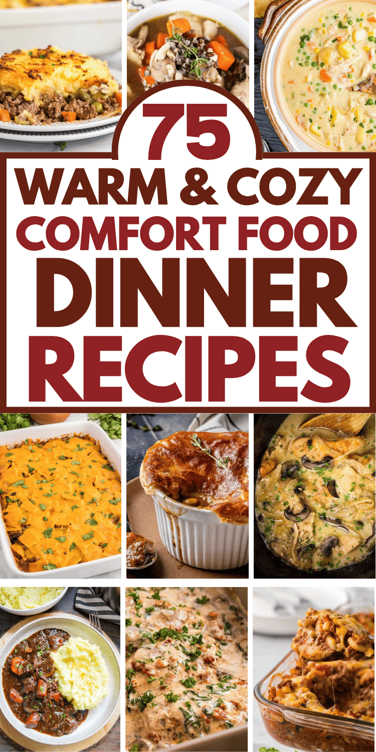 Looking for some cozy and comforting dinner recipes? These cozy dinner recipes are perfect for fall and winter or Sunday dinners! All those comfort foods you love like marry me chicken, lasagna soup, crockpot chicken and dumplings, beef stew and chicken casserole. Comfort food recipes easy, cheap comforting meals, fall food recipes dinner families, quick comfort food dinners weeknight meals, weekend dinner recipes for a family, easy comfort meals, homestyle recipes, autumn aesthetic cozy food.