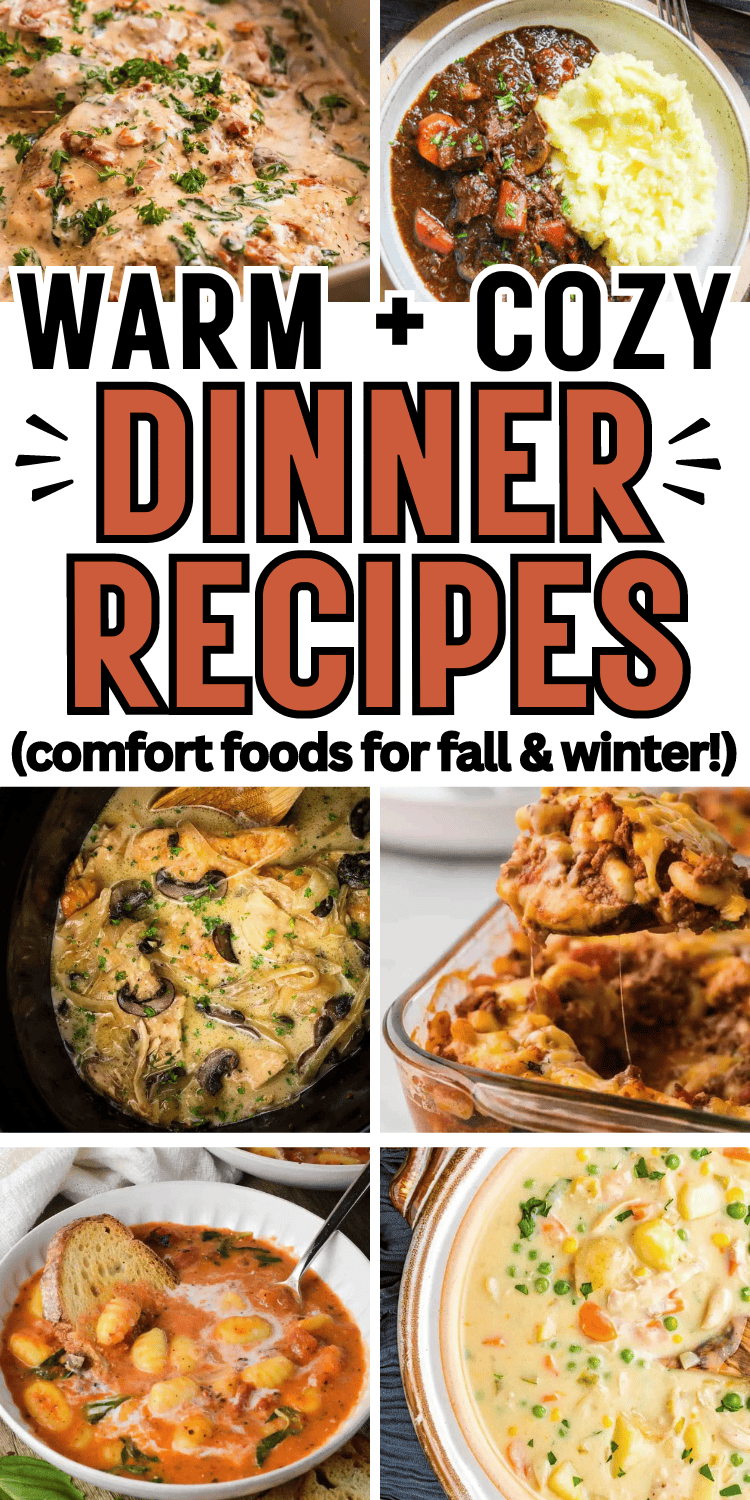 Looking for some cozy and comforting dinner recipes? These cozy dinner recipes are perfect for fall and winter or Sunday dinners! All those comfort foods you love like marry me chicken, lasagna soup, crockpot chicken and dumplings, beef stew and chicken casserole. Comfort food recipes easy, cheap comforting meals, fall food recipes dinner families, quick comfort food dinners weeknight meals, weekend dinner recipes for a family, easy comfort meals, homestyle recipes, autumn aesthetic cozy food.