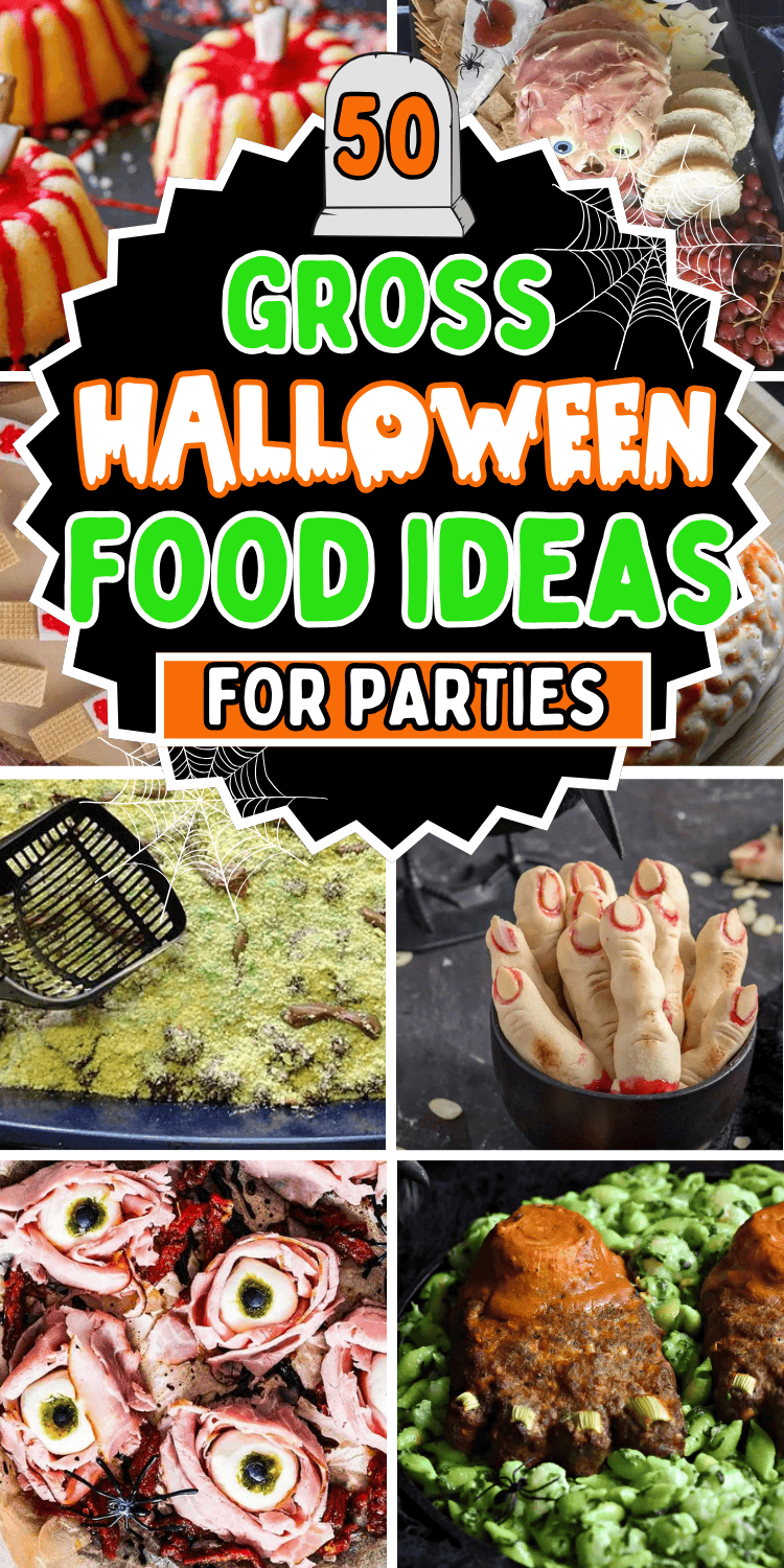 Creepy Halloween food ideas for parties! These creative gross and spooky Halloween recipes include creepy appetizers and finger foods, horror snack ideas, and ghoulish dinners and desserts, perfect for your Halloween menu. Easy scary themed food for adults, creepy food ideas for halloween with skeleton, skull, bloody brain, spooky food ideas creepy halloween, creepy halloween party food, horror food ideas creepy halloween, halloween party food scary, gross halloween foods, halloween party dinner