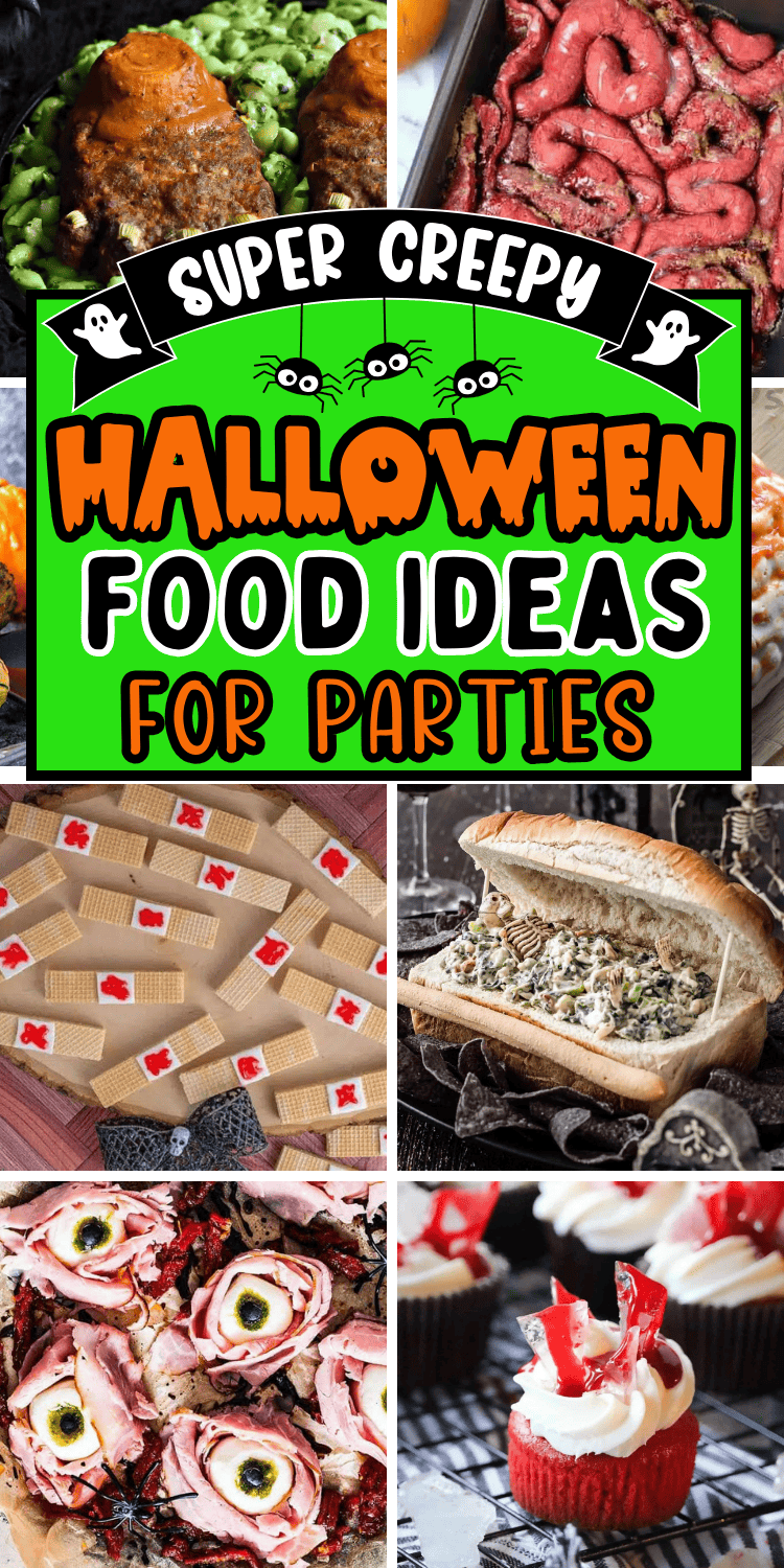 Creepy Halloween food ideas for parties! These creative gross and spooky Halloween recipes include creepy appetizers and finger foods, horror snack ideas, and ghoulish dinners and desserts, perfect for your Halloween menu. Easy scary themed food for adults, creepy food ideas for halloween with skeleton, skull, bloody brain, spooky food ideas creepy halloween, creepy halloween party food, horror food ideas creepy halloween, halloween party food scary, gross halloween foods, halloween party dinner