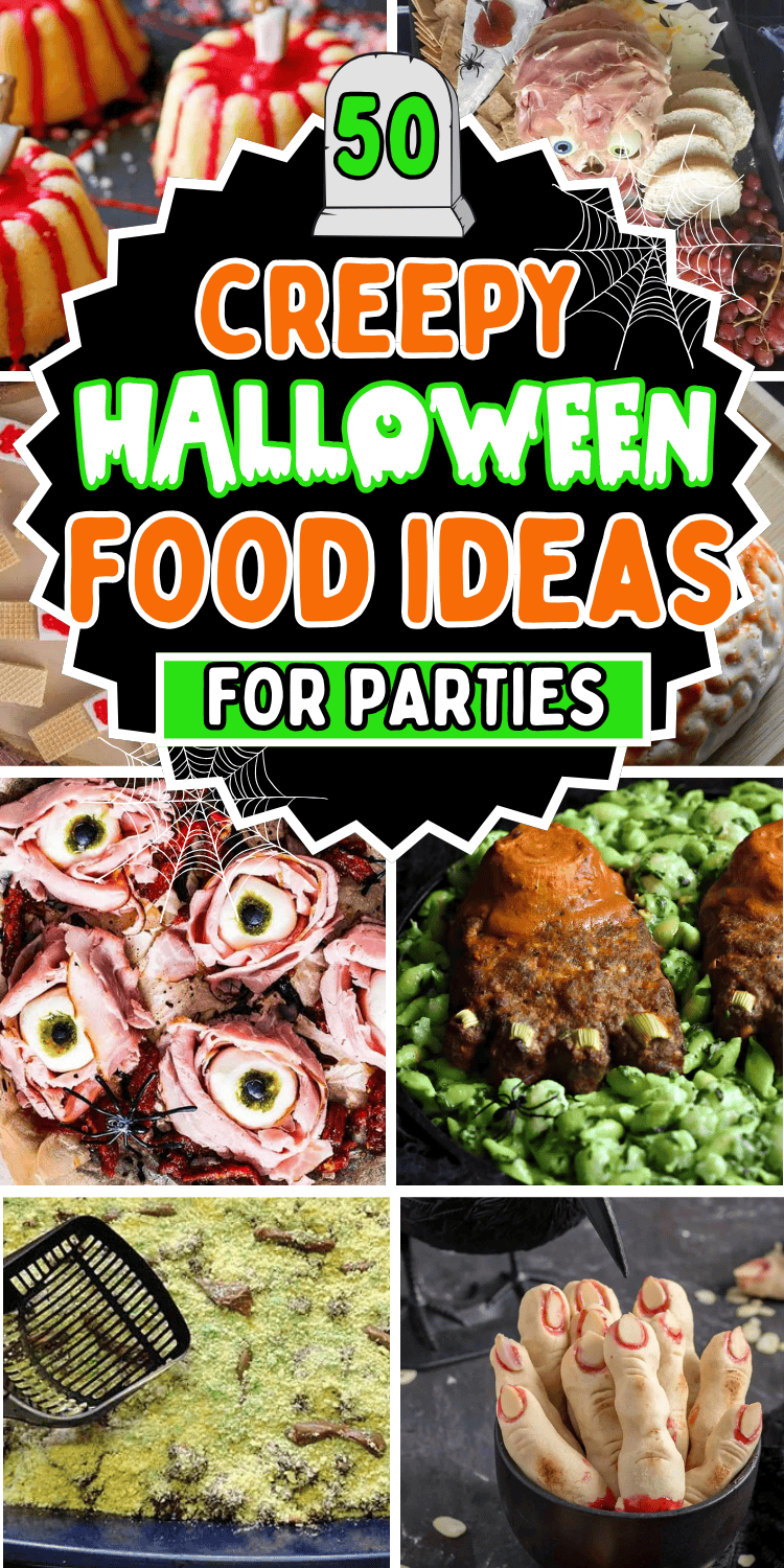 Creepy Halloween food ideas for parties! These creative gross and spooky Halloween recipes include creepy appetizers and finger foods, horror snack ideas, and ghoulish dinners and desserts, perfect for your Halloween menu. Easy scary themed food for adults, creepy food ideas for halloween with skeleton, skull, bloody brain, spooky food ideas creepy halloween, creepy halloween party food, horror food ideas creepy halloween, halloween party food scary, gross halloween foods, halloween party dinner