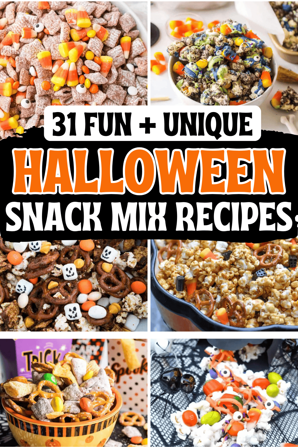 Easy Halloween snack mix recipes! These spooky snack mix ideas are the best sweet and salty no bake party snacks for a crowd. With ingredients like candy corn, popcorn, bugles, white chocolate, these fall chex mix recipes are perfect for kids after school snacks, in treat bags for school party, or movie night snacks. Halloween trail mix snack, healthy gluten free fall snack mixes, halloween snack mix ideas, harvest snack mix for fall, autumn mix, halloween snack mix bar, Halloween themed snacks.