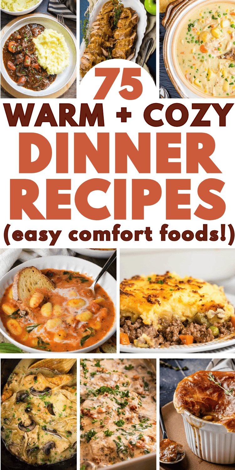 Looking for some cozy and comforting dinner recipes? These cozy dinner recipes are perfect for fall and winter or Sunday dinners! All those comfort foods you love like marry me chicken, lasagna soup, crockpot chicken and dumplings, beef stew and chicken casserole. Comfort food recipes easy, cheap comforting meals, fall food recipes dinner families, quick comfort food dinners weeknight meals, weekend dinner recipes for a family, easy comfort meals, homestyle recipes, autumn aesthetic cozy food.