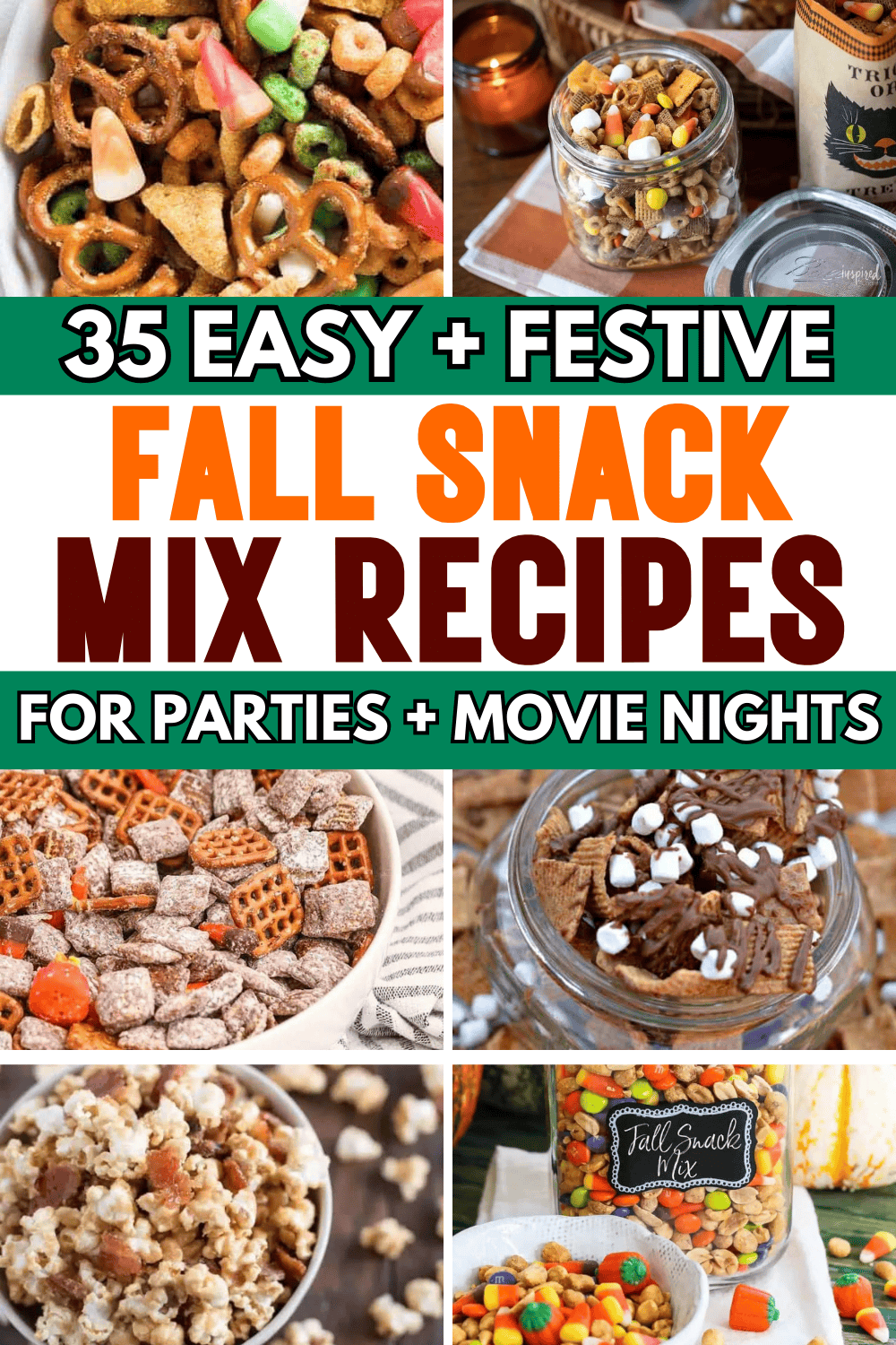 Easy fall snack mix recipes! These fall snack mix ideas are the best sweet and salty no bake fall party snacks for a crowd. With fun ingredients like candy corn, popcorn, bugles, white chocolate, these fall chex mix recipes are perfect for kids after school snacks, in treat bags for a bake sale, or movie night snacks. With gluten free and healthy fall snack mixes, halloween snack mix ideas, harvest snack mix for fall, autumn mix, trail mix recipes, pumpkin spice snack mix, Thanksgiving snacks.